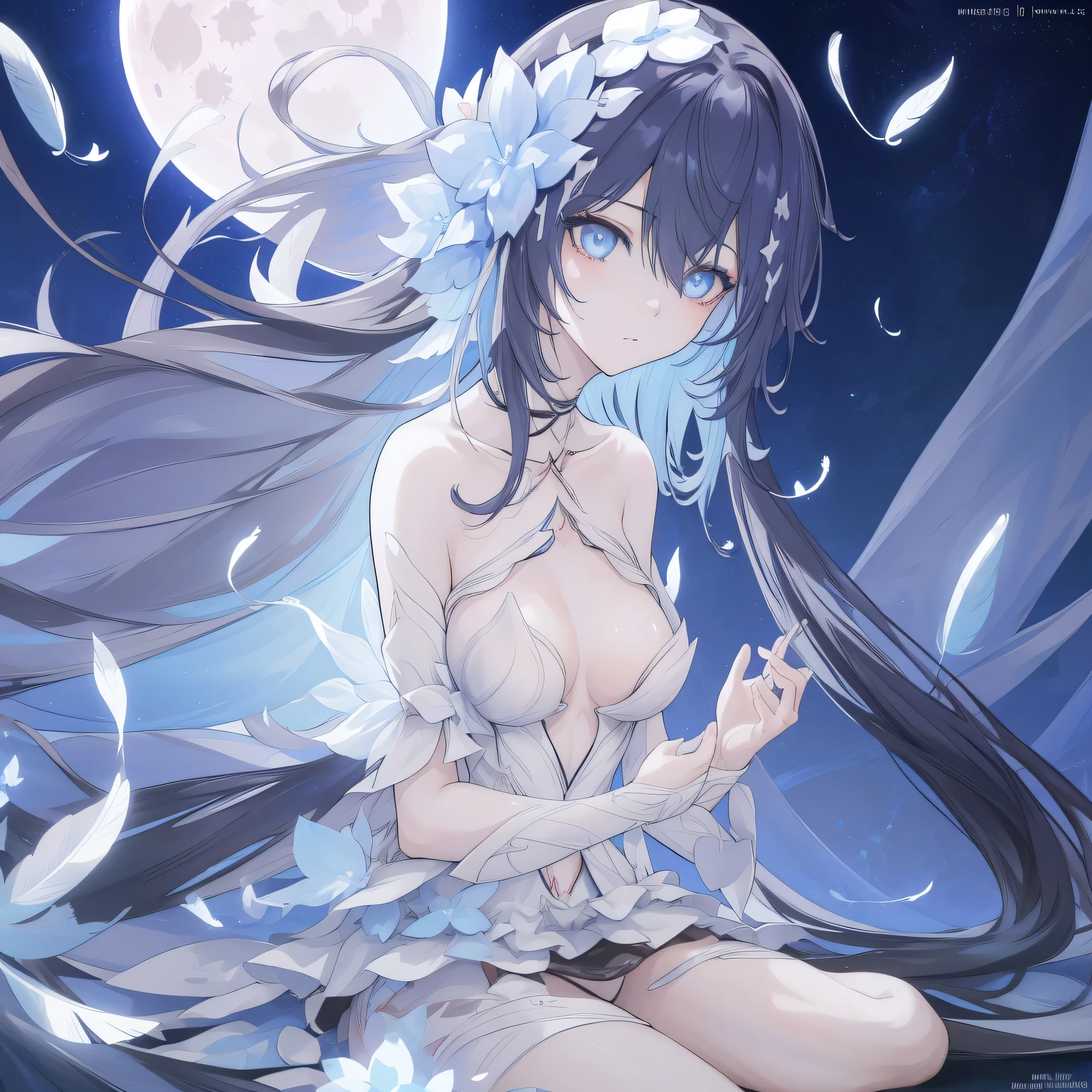 ((A close up)) of a anime girl, (sitting in the moon), cinematic light, slim body with curves, skin perfectly white, soft, and smooth, ((no nsfw)), Extremely delicate and beautiful CG illustration, best quality, high resolution, dynamic angle, full-length lens, (1 girl), floating, soft light, high-key lighting), glowing light, blue aura, feathers fluttering background, blue crystal, black long hair, barefoot