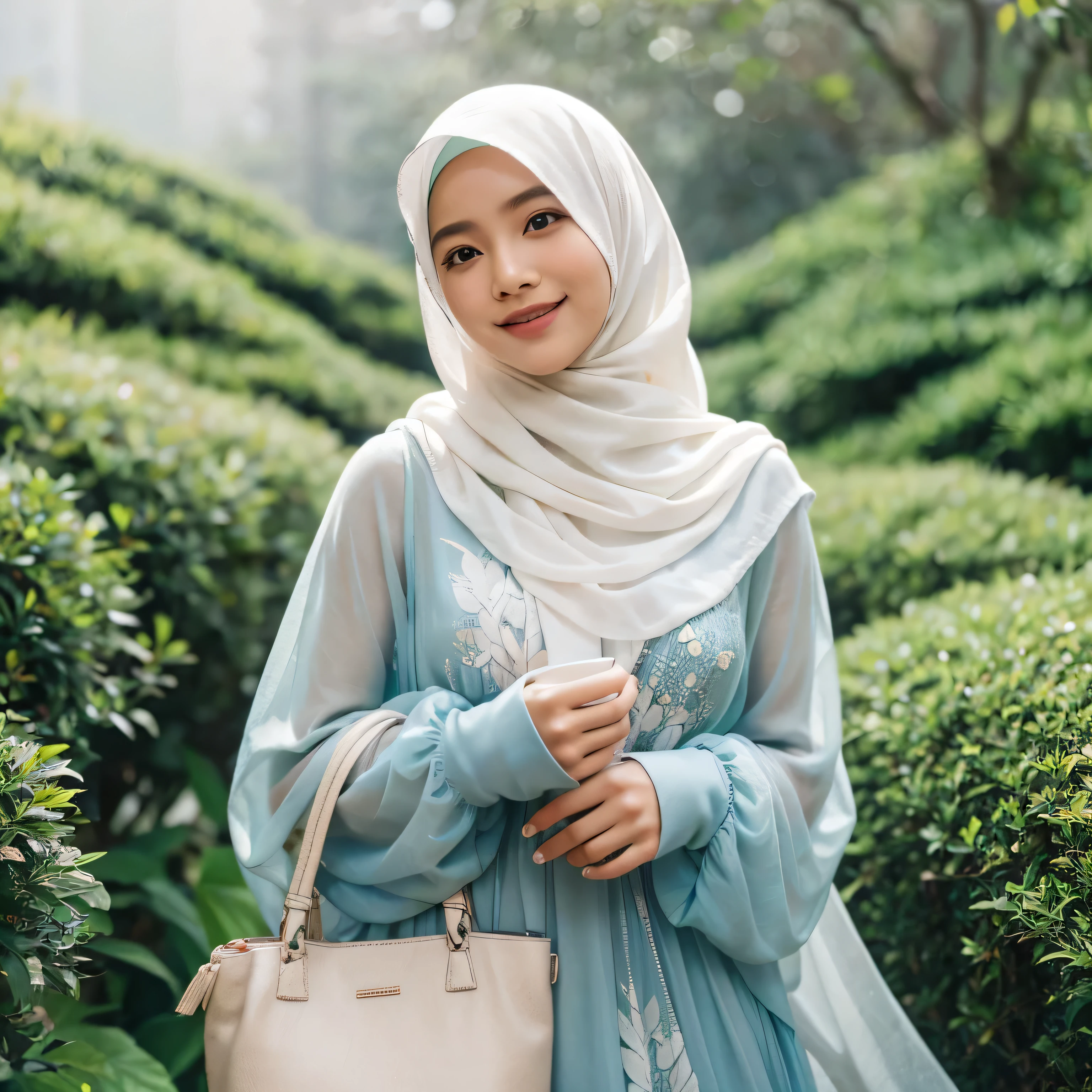 TYPE : Beauty Photography
THEME : natural
RACE : Indonesian, young
PERSON 1 : Early 20s, woman hijab
SCENE : outdoor , a green tea garden that is fresh and dewy like after the rain ,graceful smile , creating an beauty atmosphere , beautiful expression , graceful pose . smile
PROPS: soft white hijab , wearing soft blue long dress made drom chiffon fabric, ceviro nakaki bag , lush bushes , green tea tree with leaf and dew detail
CAMERA : photographed using an Canon eos 90d DSLR camera with 18-135mm lens , detailed skin texture , detailed face , close up  , best preset lighting , detailed background , detailed trees , detailed leaf and bushes . trees texture . leaf texture ,
COMPOSITION : rule of thirds ,
ANGLE : Through a leaf view
