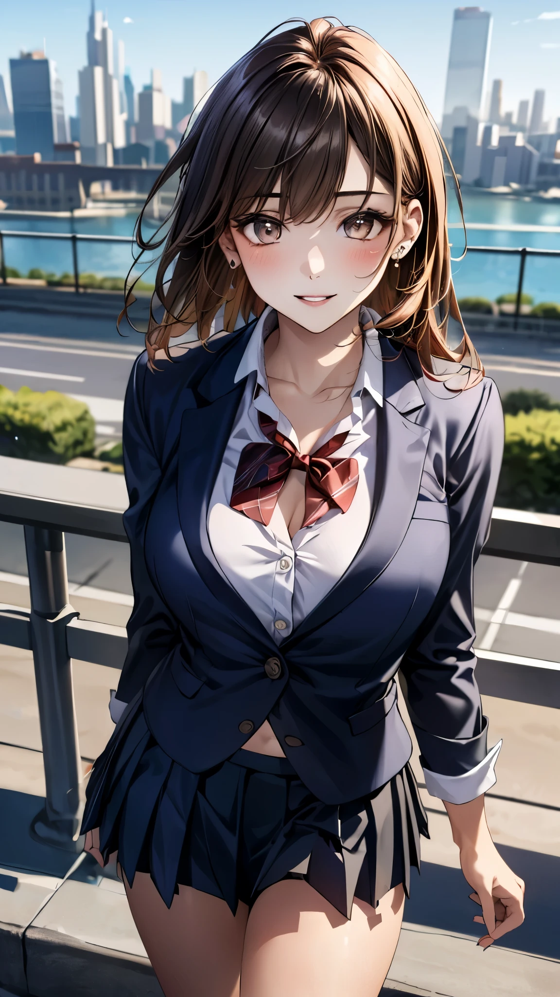 (masterpiece:1.3, top-quality, ultra high res, ultra detailed), (realistic, photorealistic:1.4), beautiful illustration, perfect lighting, colorful, depth of fields,
beautiful detailed hair, beautiful detailed face, beautiful detailed eyes, beautiful clavicle, beautiful body, beautiful chest, beautiful thigh, beautiful legs, beautiful fingers,
looking at viewer, front view:0.6, 1 girl, japanese, high school girl, perfect face, (perfect anatomy, anatomically correct), cute and symmetrical face, babyface, , shiny skin,
(long hair:1.5, straight hair:1.6, rosy brown hair), asymmetrical bangs, gray eyes, long eye lasher, (medium breasts), slender,
((navy blazer, collared white shirt, navt pleated skirt)), dark red bow tie, piercing,
(beautiful scenery), evening, (park, cityscape in the distance), standing, (hand on chest), (happy smile, parted lips),
