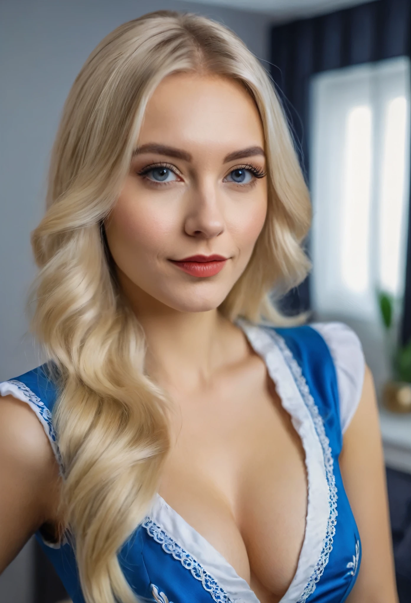 (beautiful woman in traditional Bavarian blue dress), (Blonde, Aryan, European), attractive appearance, long blonde hair, stylish and stylish, shaved body in suit, showy body, (top) łow quality real picture), in the background visible room, selfie style, different angles