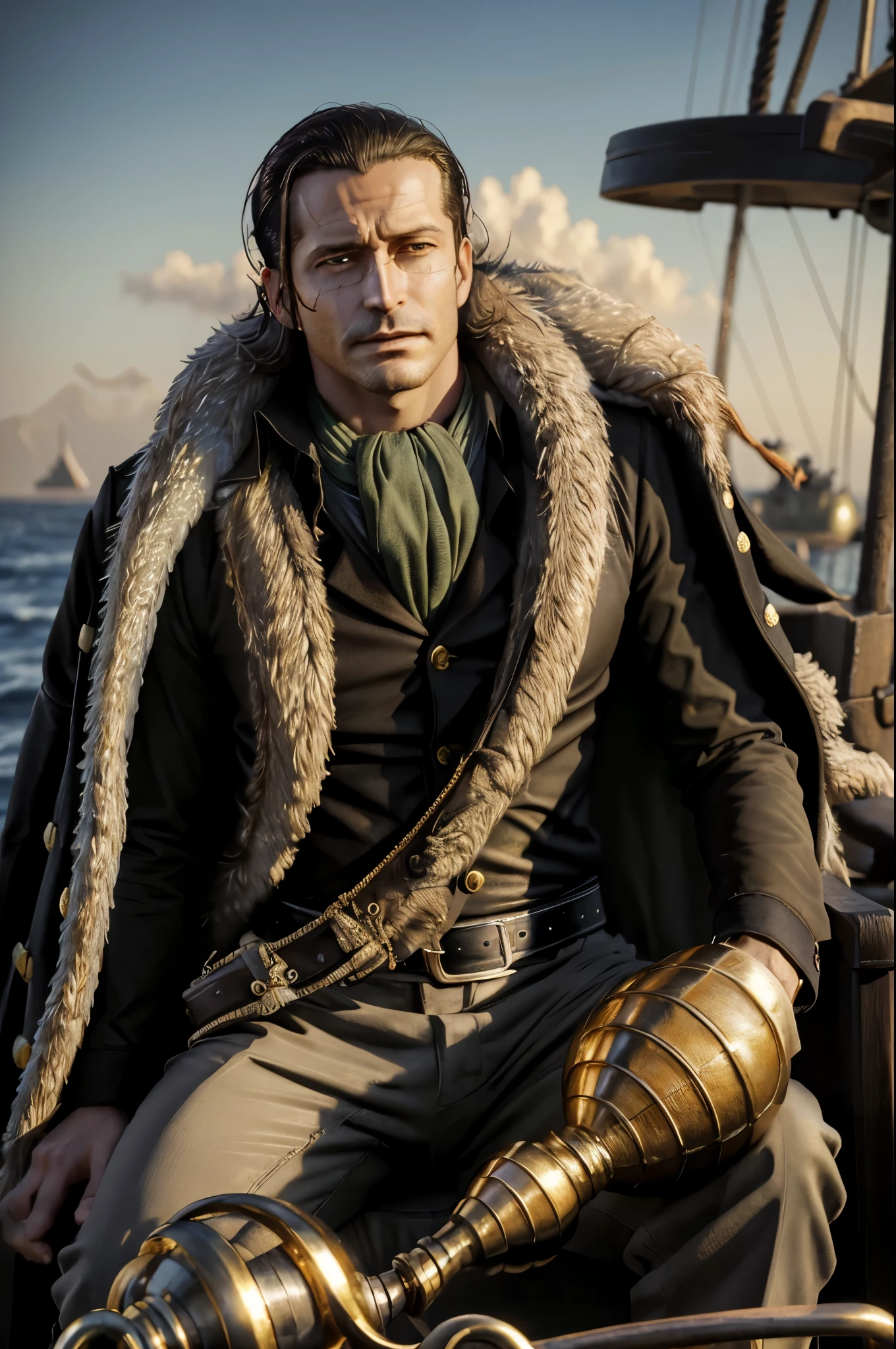 masterpiece, best quality, extremely detailed, hyperrealistic, photorealistic, a cool 40s man, ultra detailed face:1.2, fur-trimmed coat, scarf around the neck, his left hand is a golden pirate hook:1.1, sea:1.2, on battle ship, sitting, calm
