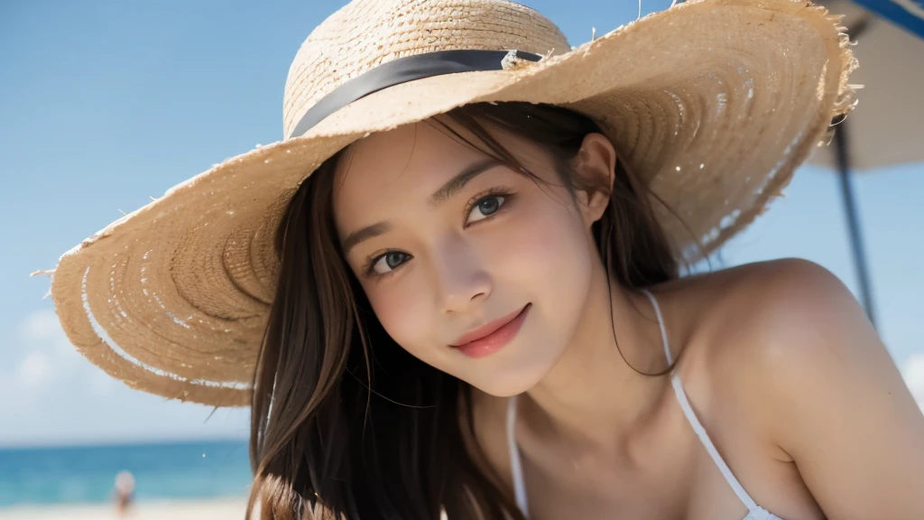(masterpiece:1.2, highest quality), blur the background,Photographed with an ultra-wide-angle lens, 1 High school girl, (big breasts), Reveal bikini, brown hair,straw hat,bright eyes,blushing face, healthy skin,looking at the viewer,smile, (beach),4K resolution