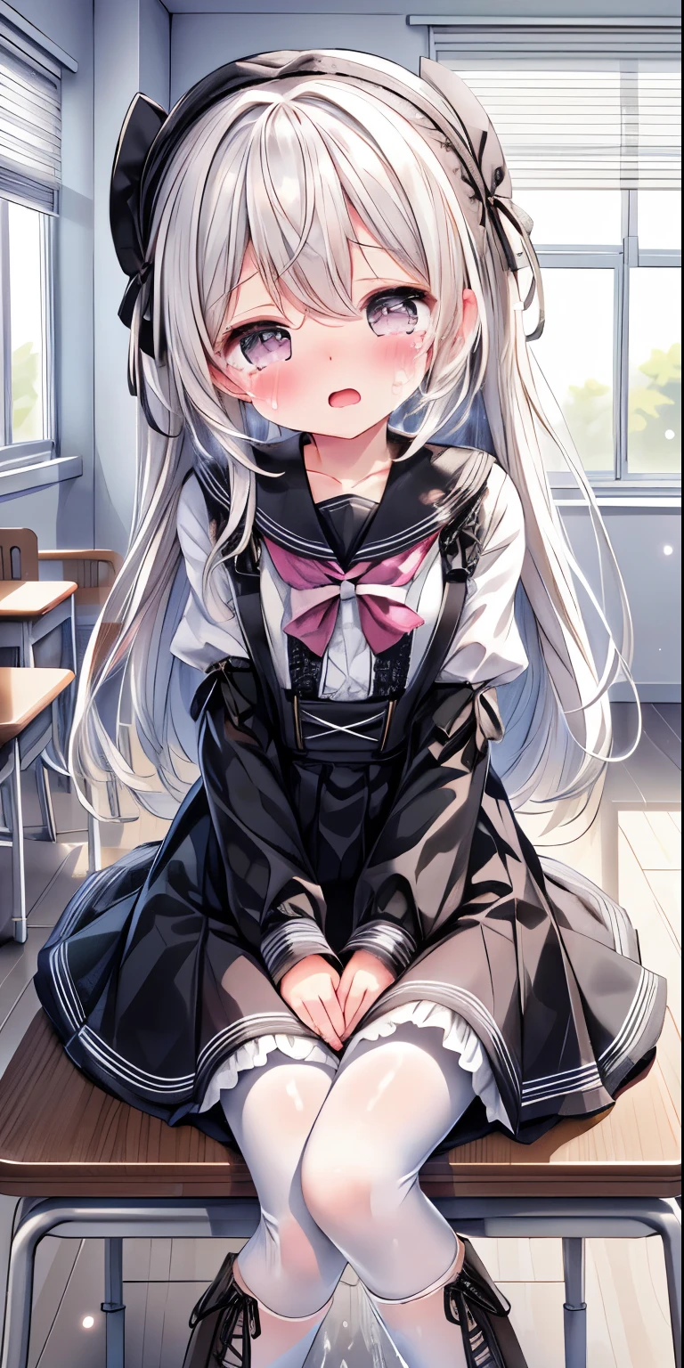 Black lace-up boots，white pantyhose，blush害羞，classroom scene，girl，，((absurd)), ((on the table)), (best quality), (lens flare), (Super detailed), (beautiful), ((cute girl)), alone, beautiful face, White skin, on the table, (10 years old: 1.3), , 、A girl goes to the toilet、 permanent, is crying, close her eyes, tears flow from eyes, Embarrassment comes from, blush), (girl is peeing: 1.2),, look away, sitting, Awkward, blush, The mouth opens slightly, classroom (girl leaking urine): 1.5)
