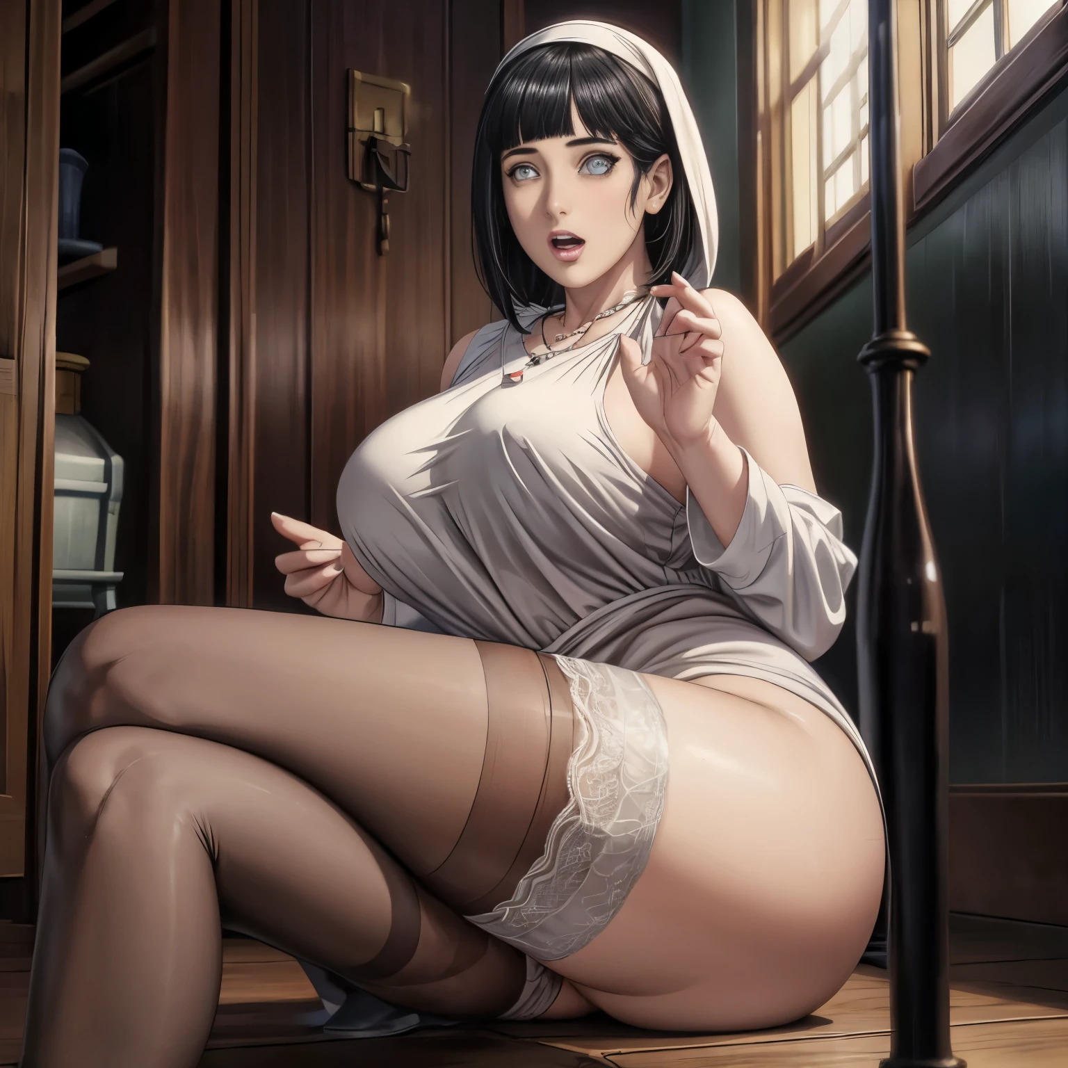 Best quality, masterpiece, high resolution, ultra-realistic 8k CG, beautiful girl, black hair, white eyes, open mouth, puffy, plump body, nun bandana, (tunic, nun dress), fleshy thighs, (full body white pantyhose), high heels, full body, looking at the audience, symmetrical, charming, complex, sexy, elegant, hands interlocked, hair accessories, necklace, Tyndall effect, realistic, dark studio, edge lighting, two-tone lighting, (high detail skin: 1.2), 8k uhd, dslr, soft light, high quality, volumetric light, sneak peek, photo, high resolution, 4k, 8k, bokeh,