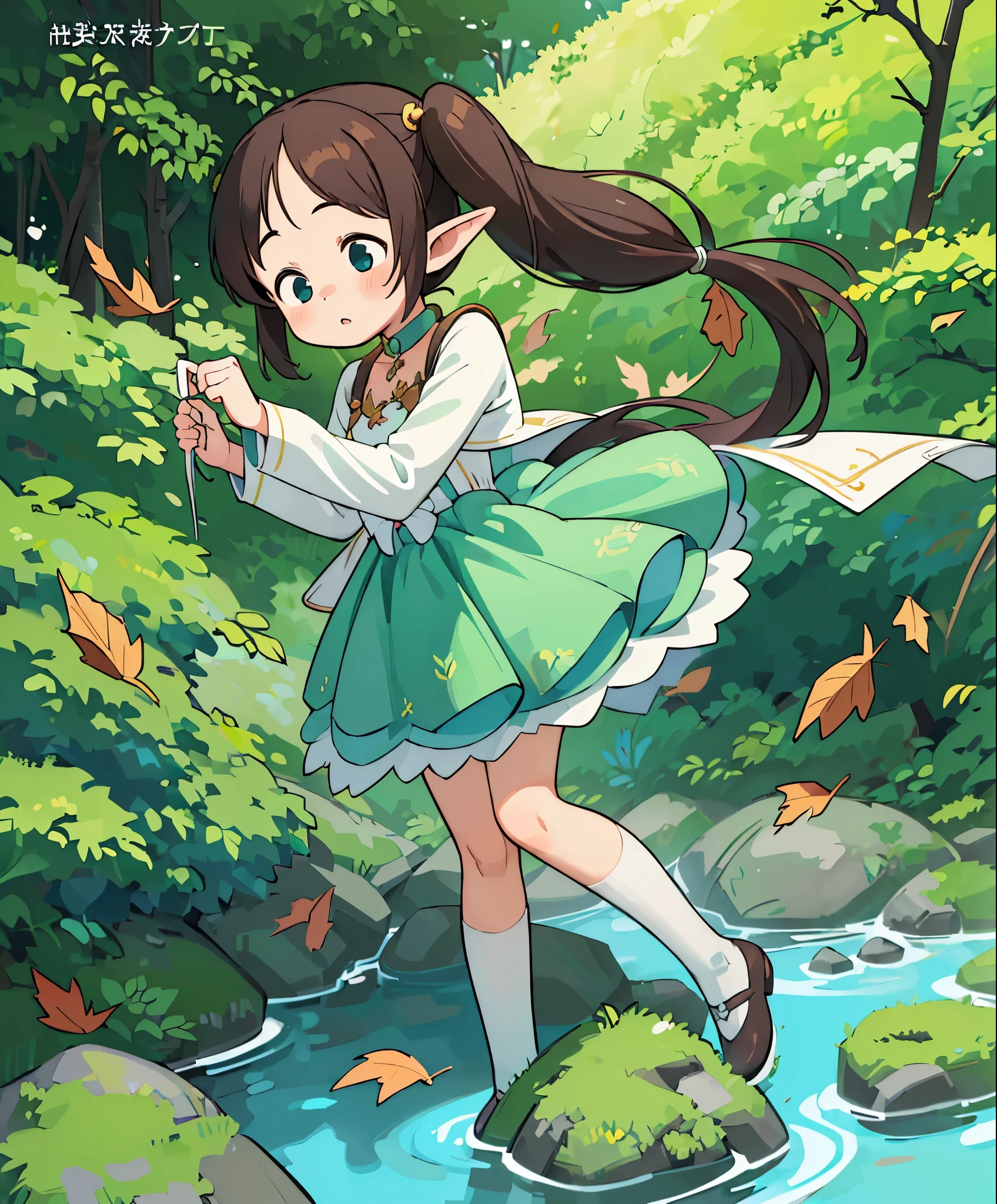 (masterpiece、highest quality、highest quality、official art、beautiful beautiful:1.2)、(1 girl:1.3)Hatsune Miku、twin tails,big breastasterpiece, highest quality), (Adorable cute little elf one girl),(long pony hair),(full body),(fighting pose),(cracked rock),(Fallen leaves),(enchanting breastplate)