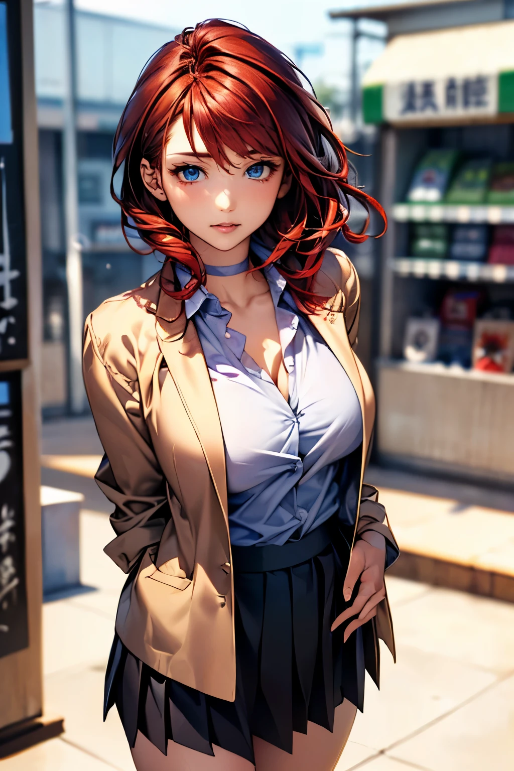 (masterpiece:1.2, highest quality), (realistic, photorealistic:1.4), beautiful illustrations, (natural side lighting, movie lighting),
looking at the viewer, face focus, Upper body, 1 female, Japanese, perfect face, perfect body, Cute symmetrical face, shiny skin, baby face, big breasts:1.4, hair between eyes, emerald green eyes, seductive thighs, thin,
beautiful hair, beautiful face, thin and beautiful eyes, beautiful clavicle, beautiful body, beautiful breasts, beautiful thighs, beautiful feet, beautiful fingers, Are standing,(masterpiece:1.2, highest quality), (realistic, photorealistic:1.4), beautiful illustrations, 1 female, Japanese, ((medium red hair:1.5)), blown 髪, bangs, 髪 between eyes, big breasts,
beautiful 髪, beautiful face, beautiful and detailed eyes, (blue eyes:1.3), beautiful clavicle, beautiful body, beautiful breasts, beautiful thighs, beautiful feet, beautiful fingers, (Inside a convenience store:1.4),
((collared shirt, Green pleated skirt, Collarless jacket:1.6, choker)),
(seductive pose:1.3)