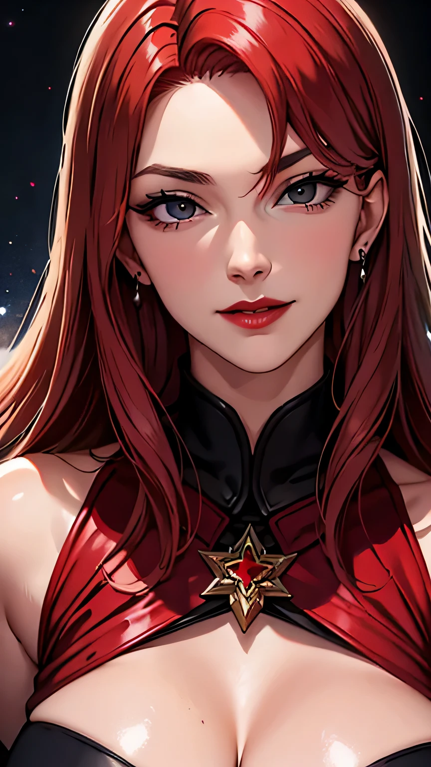 portrait shot, ((blood vivid red hair)), mature woman, 30 years old, diamond face, moonlight, red starry sky background, depth of field, magic, big red lips, ((dark black eyes)) black and red long and full attire, covered chest, mystical atmosphere, ominous shadows, Intense blue aura, Intense red aura (best quality:1.2), absurdres, intricate details, (highly detailed skin:1.2), smile expression, posing, taut and well defined body, attractive. Highly realistic, pale skin, beautiful, hyperrealism, skin very elaborated, direct gaze