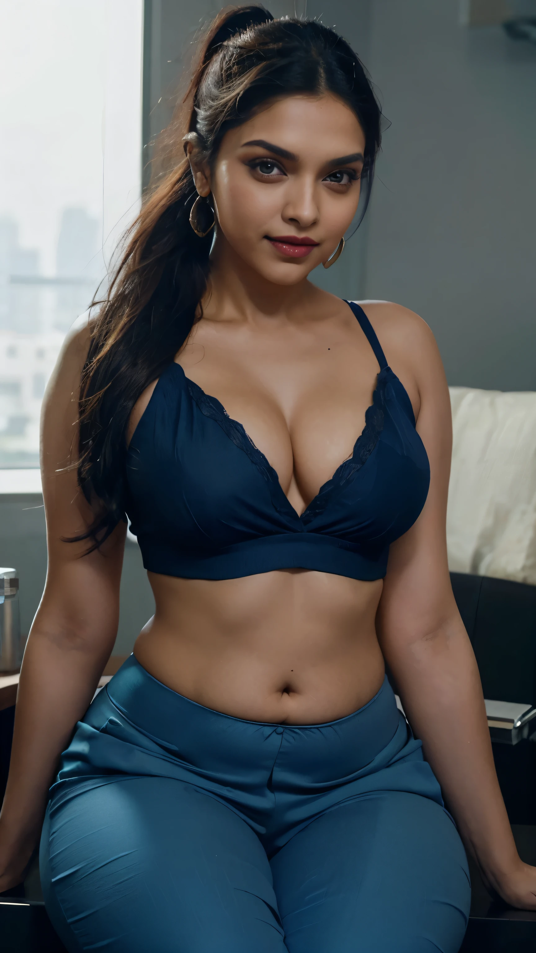 Deepika Padukone, smiling, voluptuous, cleavage, ((Very intense makeup)), ((Natural lipstick)), long hair, black hair, ponytail, scrub top, blue blouse, blue pants, nurse, sitting, (( chubby woman))