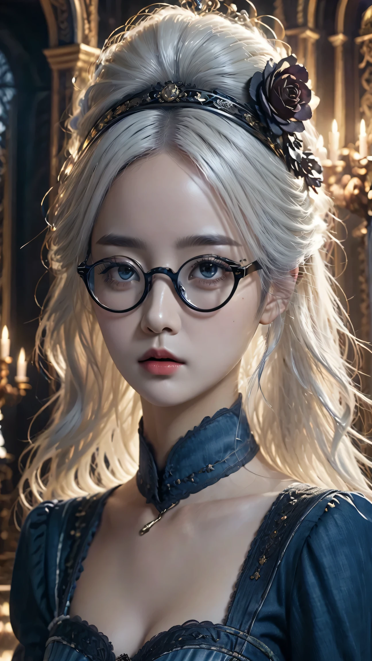 (in the darkness: 1.6),Surrealist female portrait, fantasy art, photorealism, dynamic lighting, art station, poster, Volumetric lighting, Very detailed faces, 4K, won,, 1 girl, in the darkness, deep shadow, low profile, Denim lens set: 1.4), long hair, white hair, broken into pieces, luxurious palace, royal style, (wear glasses),(hair accessories),