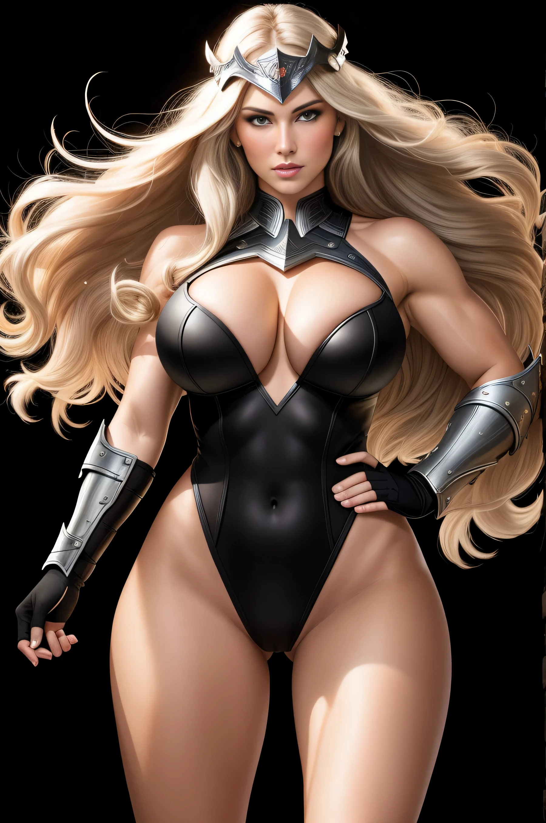 BOMBSHELL VALKYRIE, MATURE WOMAN, 30 YEARS OLD, ATHLETIC BODY, MUSCLES, HUGE LONG HAIR, BLOND HAIR, GRAY EYES, ROSY CHEEKS, VALKYRIE HELM, ANGRY FACE EXPRESSION, SILVER HELM, BLACK BODYSUIT UNDER ARMOUR, FULL BODY SILVER ARMOUR, SHINING ARMOUR, MITHOLOGY, random hair, looking at camera, gigantic breasts, cleavage, (high detailed skin:1.2), 8k uhd, dslr, super lighting, high quality, film grain, high res, highly detailed, hyper realistic, beautiful face, beautiful body, beautiful eyes nose lips, alluring expression, very bold, upper visible, full body photo, standing legs apart, pale translucent glowing skin, most beautiful face, cute, (well defined pubic hair:1.2)), (dark plain black background:1.4))