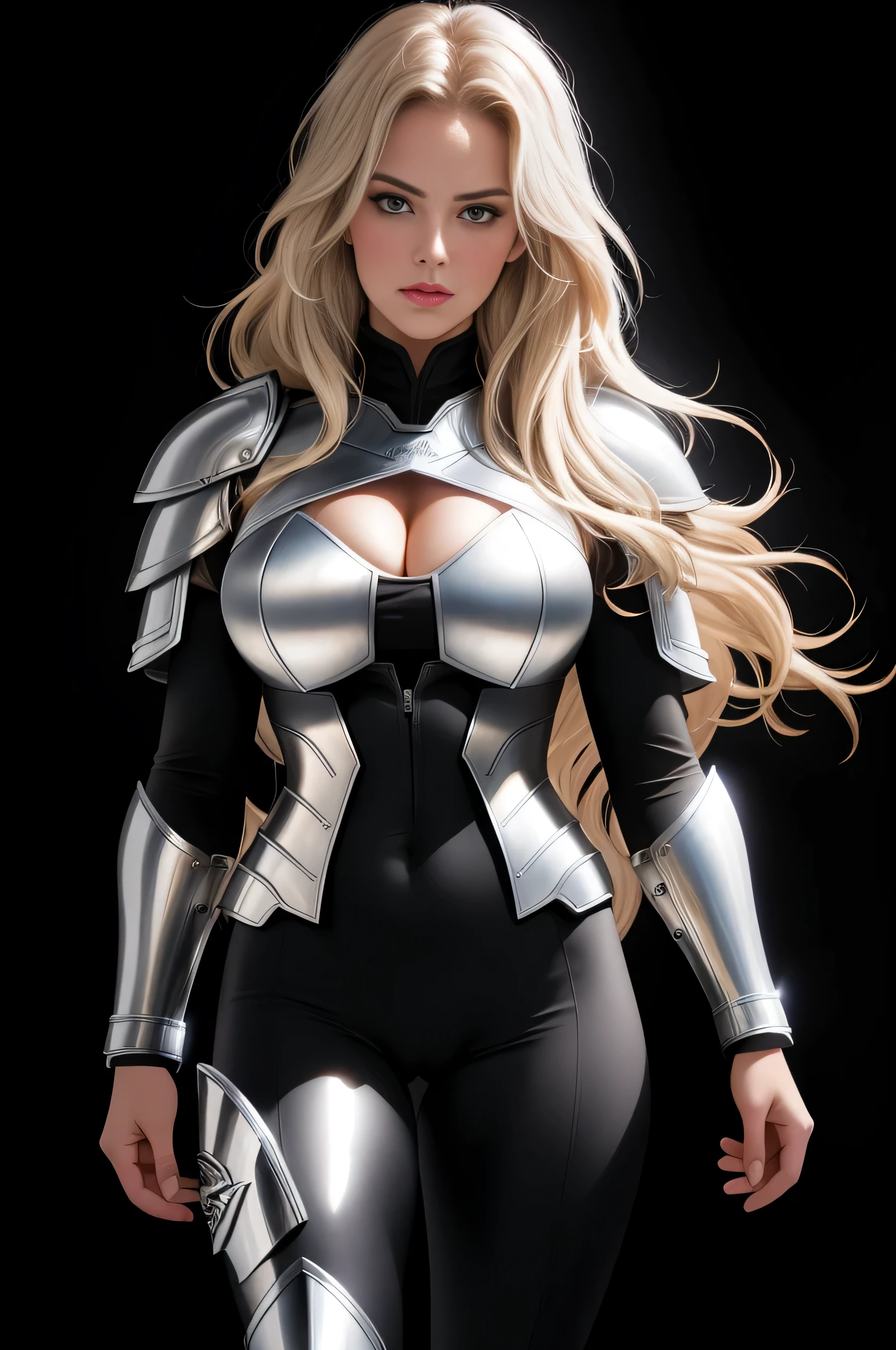 BOMBSHELL VALKYRIE, MATURE WOMAN, 30 YEARS OLD, ATHLETIC BODY, MUSCLES, HUGE LONG HAIR, BLOND HAIR, GRAY EYES, ROSY CHEEKS, VALKYRIE HELM, ANGRY FACE EXPRESSION, SILVER HELM, BLACK BODYSUIT UNDER ARMOUR, FULL BODY SILVER ARMOUR, SHINING ARMOUR, MITHOLOGY, random hair, looking at camera, gigantic breasts, cleavage, (high detailed skin:1.2), 8k uhd, dslr, super lighting, high quality, film grain, high res, highly detailed, hyper realistic, beautiful face, beautiful body, beautiful eyes nose lips, alluring expression, very bold, upper  visible, full body photo, standing legs apart, pale translucent glowing skin, most beautiful face, cute, (well defined pubic hair:1.2)), (dark plain black background:1.4))