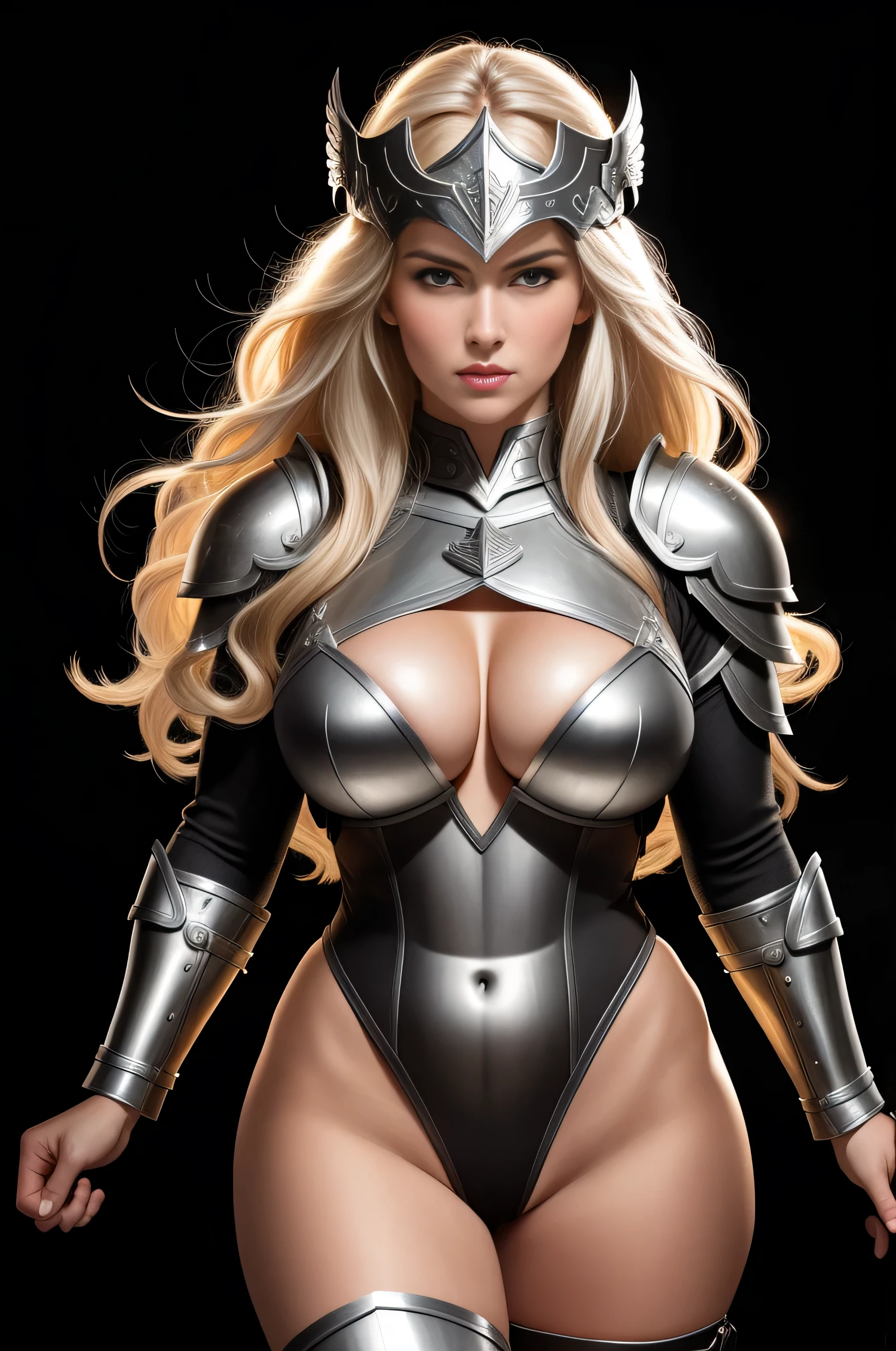 BOMBSHELL VALKYRIE, MATURE WOMAN, 30 YEARS OLD, ATHLETIC BODY, MUSCLES, HUGE LONG HAIR, BLOND HAIR, GRAY EYES, ROSY CHEEKS, VALKYRIE HELM, ANGRY FACE EXPRESSION, SILVER HELM, BLACK BODYSUIT UNDER ARMOUR, FULL BODY SILVER ARMOUR, SHINING ARMOUR, MITHOLOGY, random hair, looking at camera, gigantic breasts, cleavage, (high detailed skin:1.2), 8k uhd, dslr, super lighting, high quality, film grain, high res, highly detailed, hyper realistic, beautiful face, beautiful body, beautiful eyes nose lips, alluring expression, very bold, upper  visible, full body photo, standing legs apart, pale translucent glowing skin, most beautiful face, cute, (well defined pubic hair:1.2)), (dark plain black background:1.4))