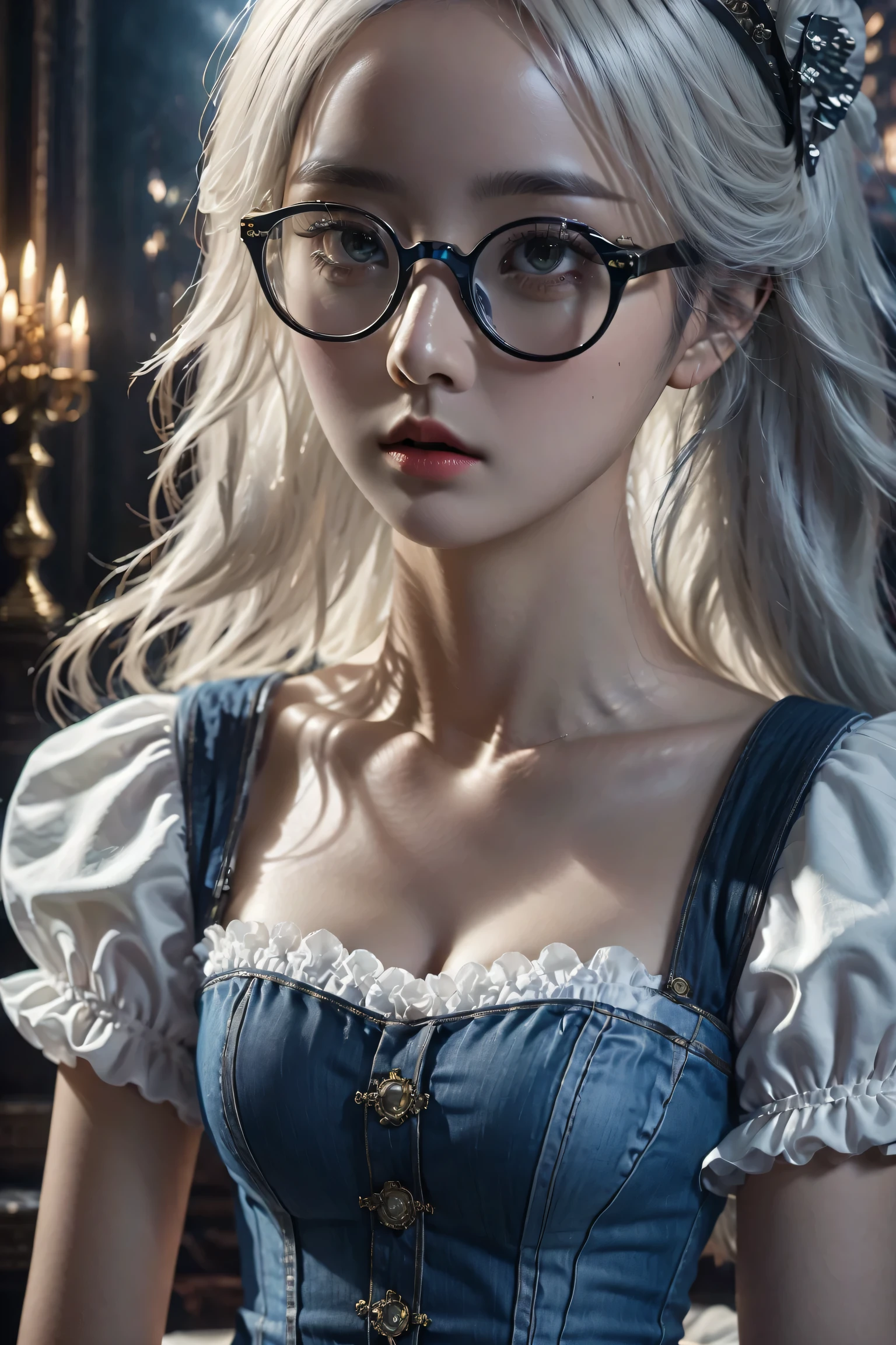 (in the darkness: 1.6),Surrealist female portrait, fantasy art, photorealism, dynamic lighting, art station, poster, Volumetric lighting, Very detailed faces, 4K, won,, 1 girl, in the darkness, deep shadow, low profile, Denim lens set: 1.4), long hair, white hair, broken into pieces, luxurious palace, royal style, (wear glasses),(hair accessories),