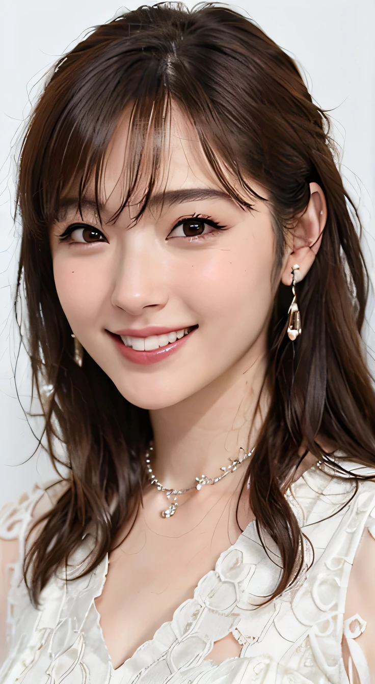 highest quality, whole body, masterpiece, dark eyebrows, ultra high resolution, realistic, very detailed, professional lighting smile, eagle nose, black hair、dark eyeliner、ear piercing、necklace around neck、shy smile、white teeth、mouth is open