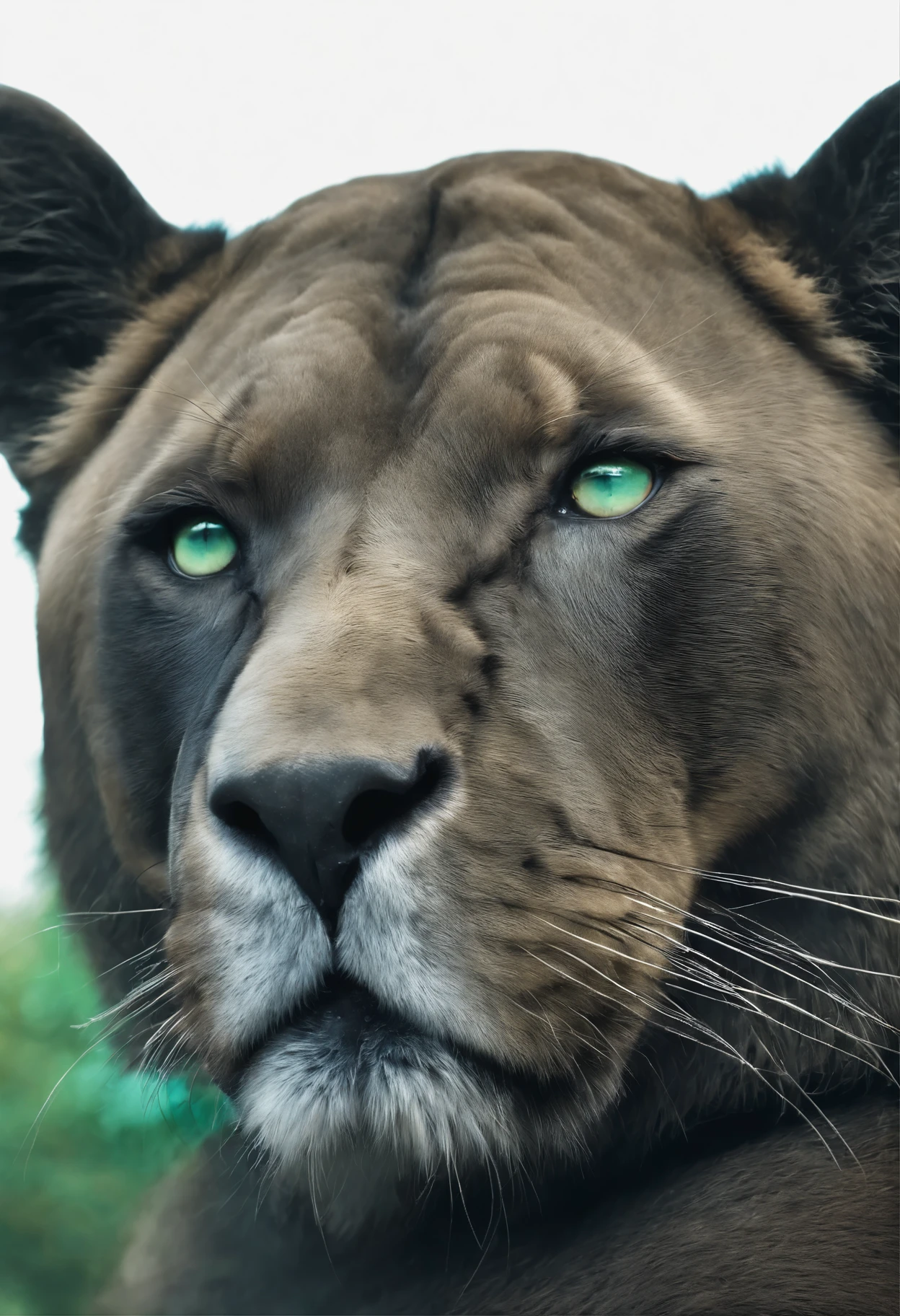 Kreiere ein Tier aus Hund, Katze, Maus, Elefant in stehender Position von vorne, in den Farben blau, grau, brown with bright green eyes, als Sticker im comicstil, sharp contours and best quality 