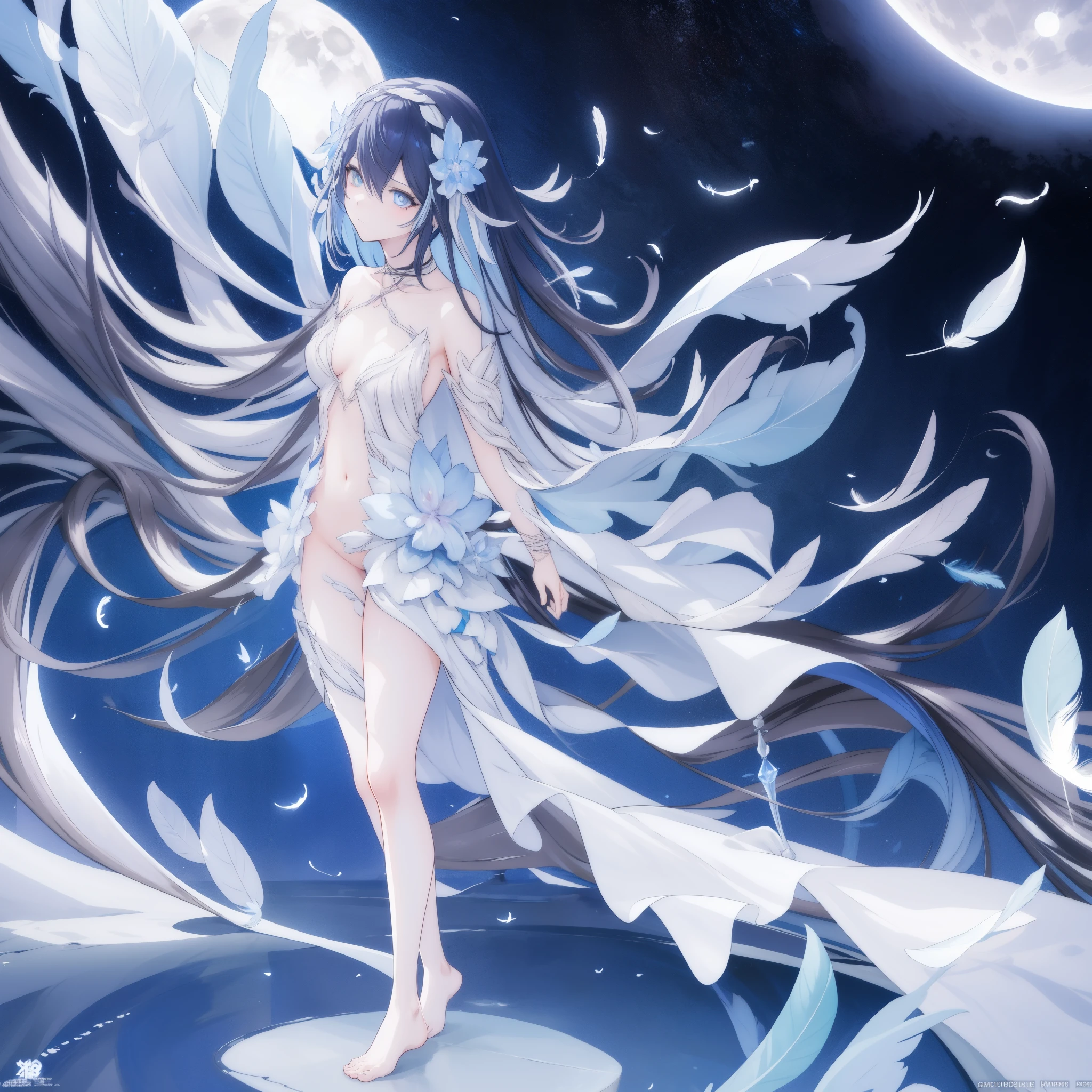 ((A close up)) of a anime girl, (standing in the moon), cinematic light, slim body with curves, skin perfectly white, soft, and smooth, ((no nsfw)), Extremely delicate and beautiful CG illustration, best quality, high resolution, dynamic angle, full-length lens, (1 girl), floating, soft light, high-key lighting), glowing light, blue aura, feathers fluttering background, blue crystal, black long hair, barefoot