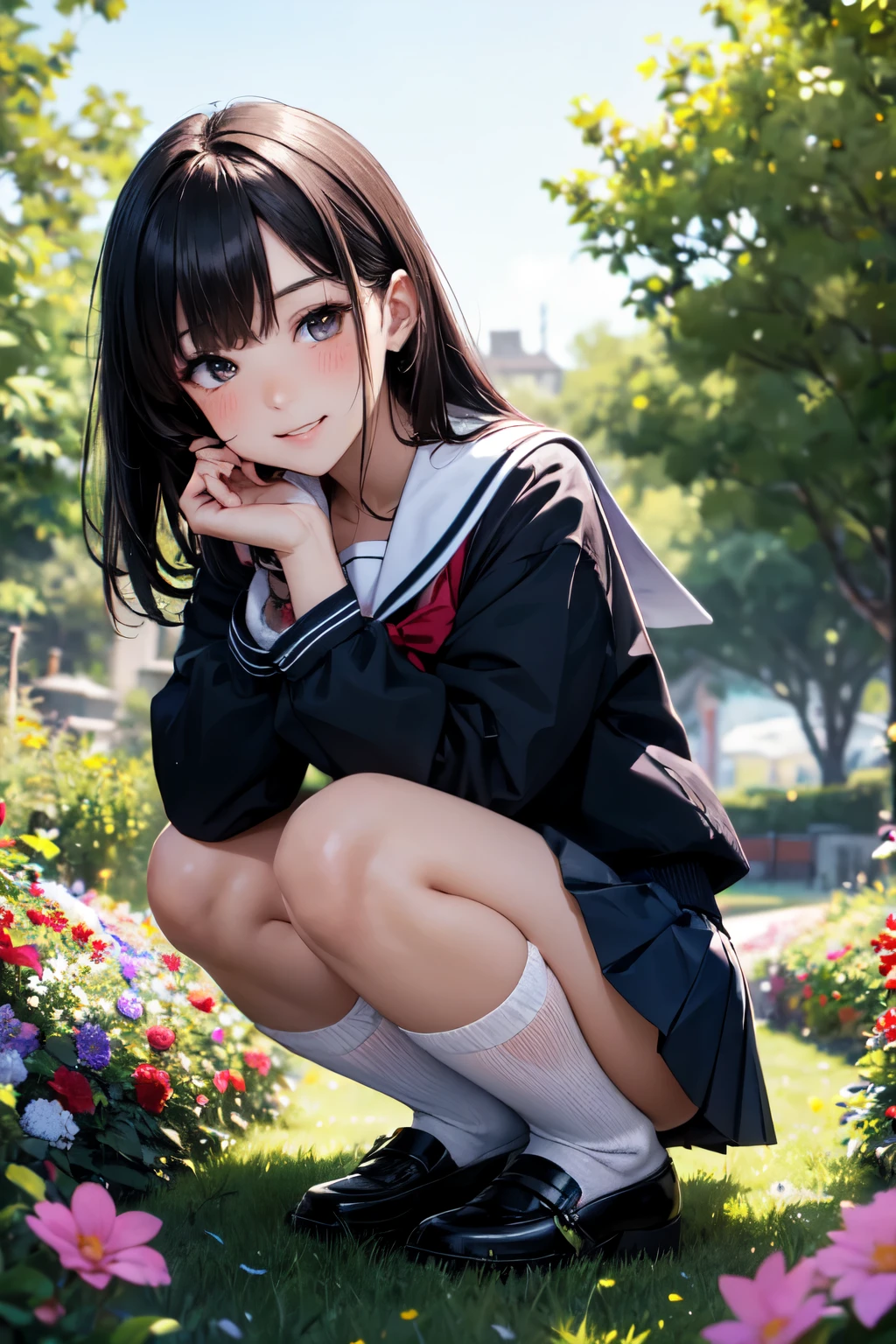 very cute and beautiful girl,(highly detailed beautiful face),
smile,blush,black hair,sailor school uniform,(navy blue pleated mini skirt),
from below,squatting,(white panties),
flower garden,grassland,shrubbery,
(best quality,masterpiece:1.2),absurdres,highres,ultra-detailed,extremely detailed,32k,8k resolution,
intricate details,cinematic scene,detailed background,solo,dynamic angle,