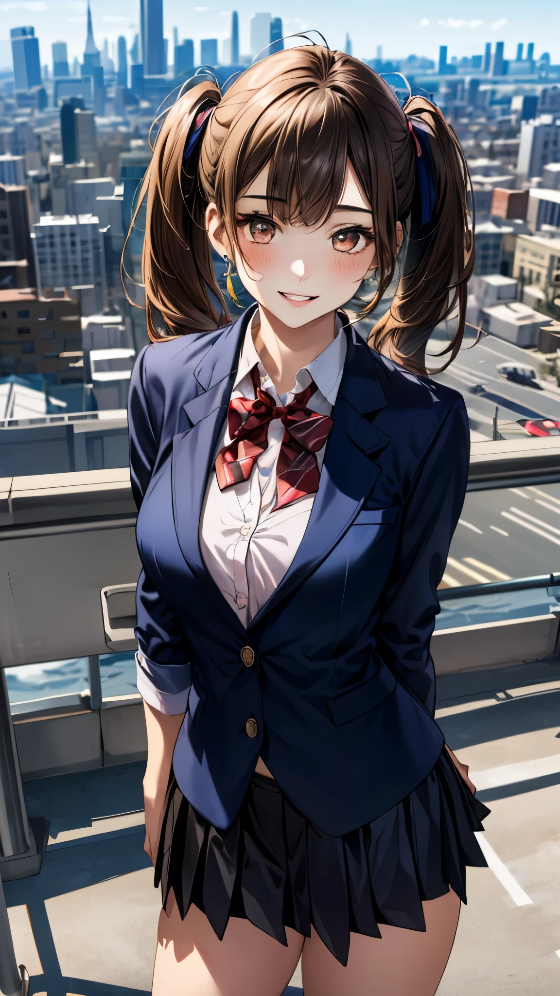 (masterpiece:1.3, Highest quality, Ultra-high resolution, Super detailed), (Realistic, photoRealistic:1.4), Beautiful illustrations, Perfect lighting, colorful, Depth of written boundary, 
Beautiful detailed hair, Beautifully detailed face, Beautiful attention to detail, Beautiful clavicle, Beautiful body, Beautiful breasts, Beautiful thighs, Beautiful feet, Beautiful fingers, 
View your viewers, Front view:0.6, 1 Girl, Japanese, high school girl, Perfect Face, (Perfect Anatomy, Anatomically correct), Cute and symmetrical face, Baby Face, , Shiny skin, 
(Long Hair:1.5, Straight hair:1.6, Rosy brown hair), Asymmetrical bangs, Grey Eyes, Long eyelashes, (Medium chest), thin, 
((Navy Blazer, White collared shirt, nabuto pleated skirt)), Dark red bow tie, Earrings, 
(Beautiful views), evening, (garden, distant cityscape), Are standing, (Place your hand on your chest), (Smile, Part your lips), 