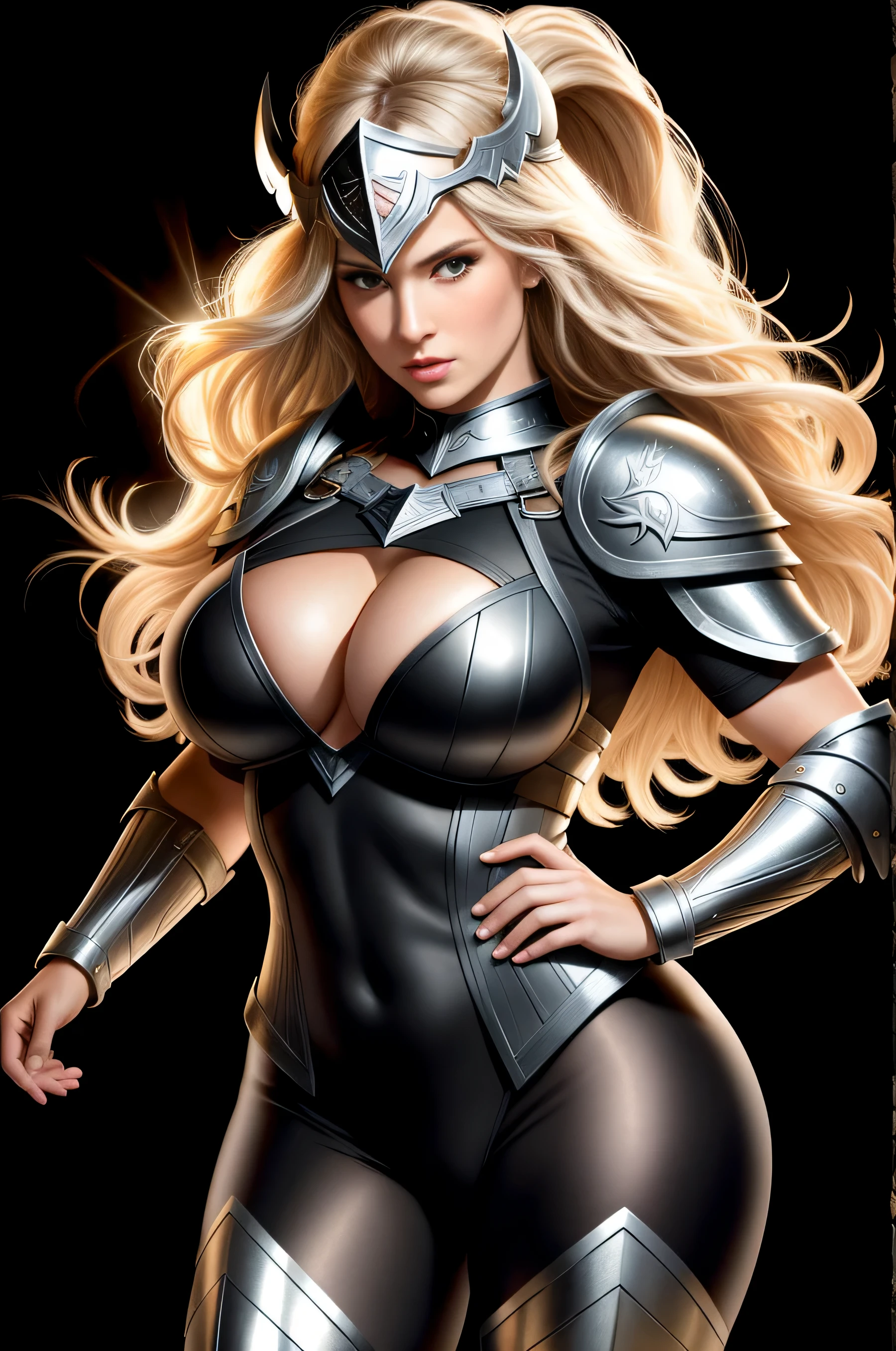 BOMBSHELL VALKYRIE, MATURE WOMAN, 30 YEARS OLD, ATHLETIC BODY, MUSCLES, HUGE LONG HAIR, BLOND HAIR, GRAY EYES, ROSY CHEEKS, VALKYRIE HELM, ANGRY FACE EXPRESSION, SILVER HELM, BLACK BODYSUIT UNDER ARMOUR, FULL BODY SILVER ARMOUR, SHINING ARMOUR, MITHOLOGY, random hair, looking at camera, gigantic breasts, cleavage, (high detailed skin:1.2), 8k uhd, dslr, super lighting, high quality, film grain, high res, highly detailed, hyper realistic, beautiful face, beautiful body, beautiful eyes nose lips, alluring expression, very bold, upper  visible, full body photo, standing legs apart, pale translucent glowing skin, most beautiful face, cute, (well defined pubic hair:1.2)), (dark plain black background:1.4))