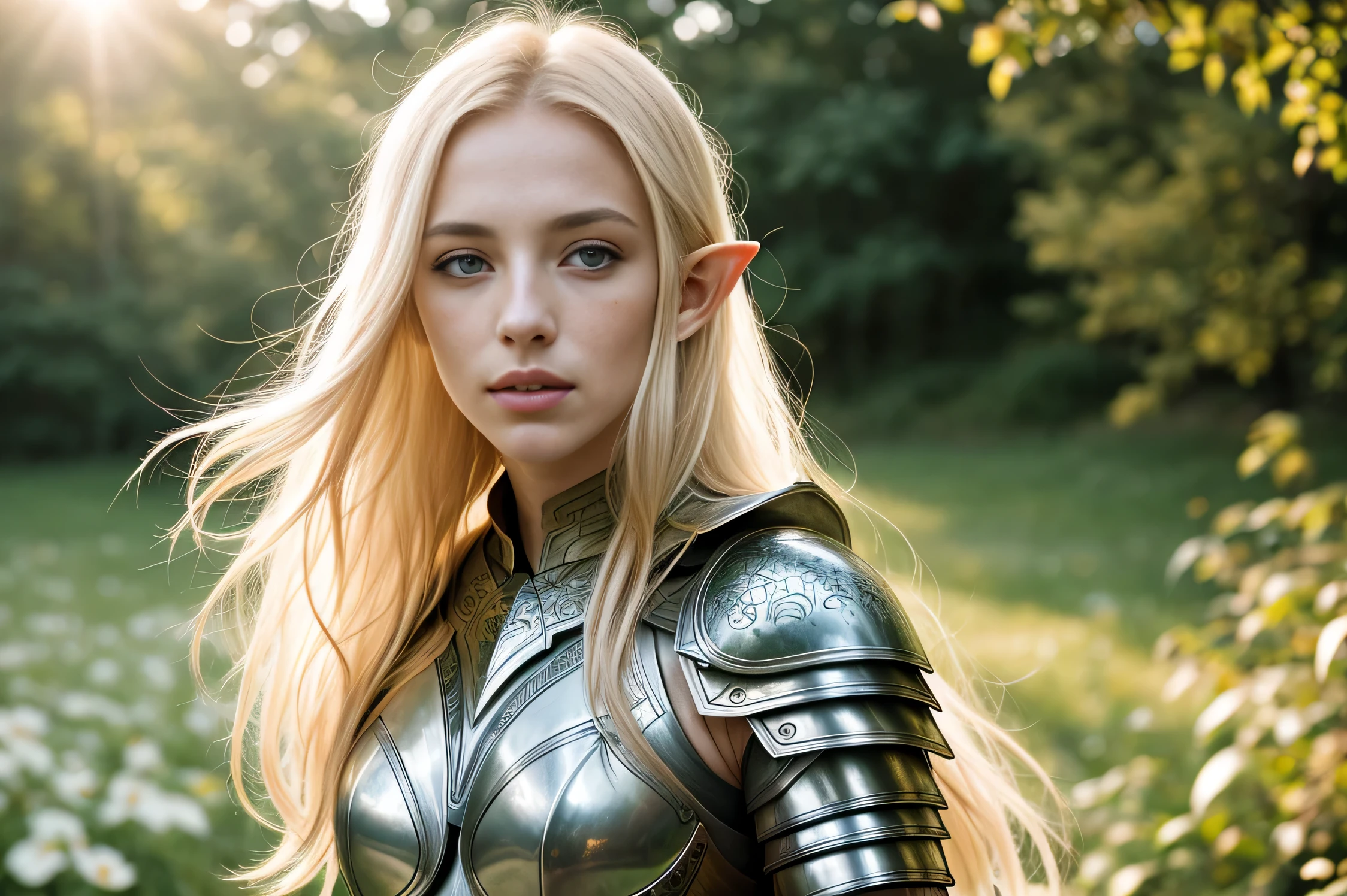 Masterpiece, a beautiful female elf knight (Lily Larimar 1.0), bright eyes, blonde hair, broad shoulders, strong body, high detail pale skin with light freckles, high detail filigree elf armor, outside, (skin texture:1.1), best quality, ultra high res, Raw photo, Nikon D850, backlight, rimlight, bright sunlight, film grain:1.2, (warm hue, warm tone:1.2), (color photo), fantasy landscape background