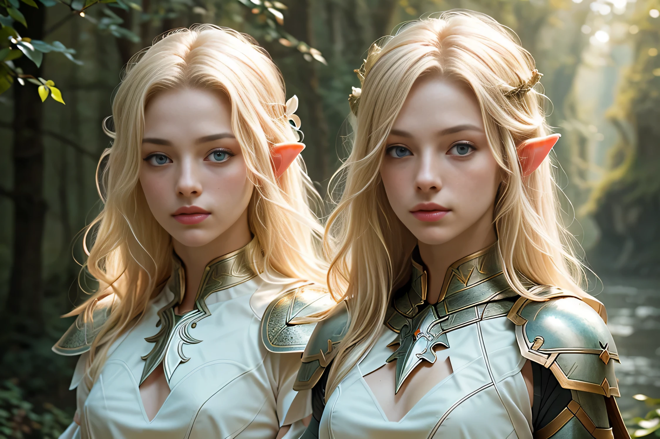 Masterpiece, a beautiful female elf knight (Lily Larimar 1.0), bright eyes, blonde hair, broad shoulders, strong body, high detail pale skin with light freckles, high detail filigree elf armor, outside, (skin texture:1.1), best quality, ultra high res, Raw photo, Nikon D850, backlight, rimlight, bright sunlight, film grain:1.2, (warm hue, warm tone:1.2), (color photo), fantasy landscape background