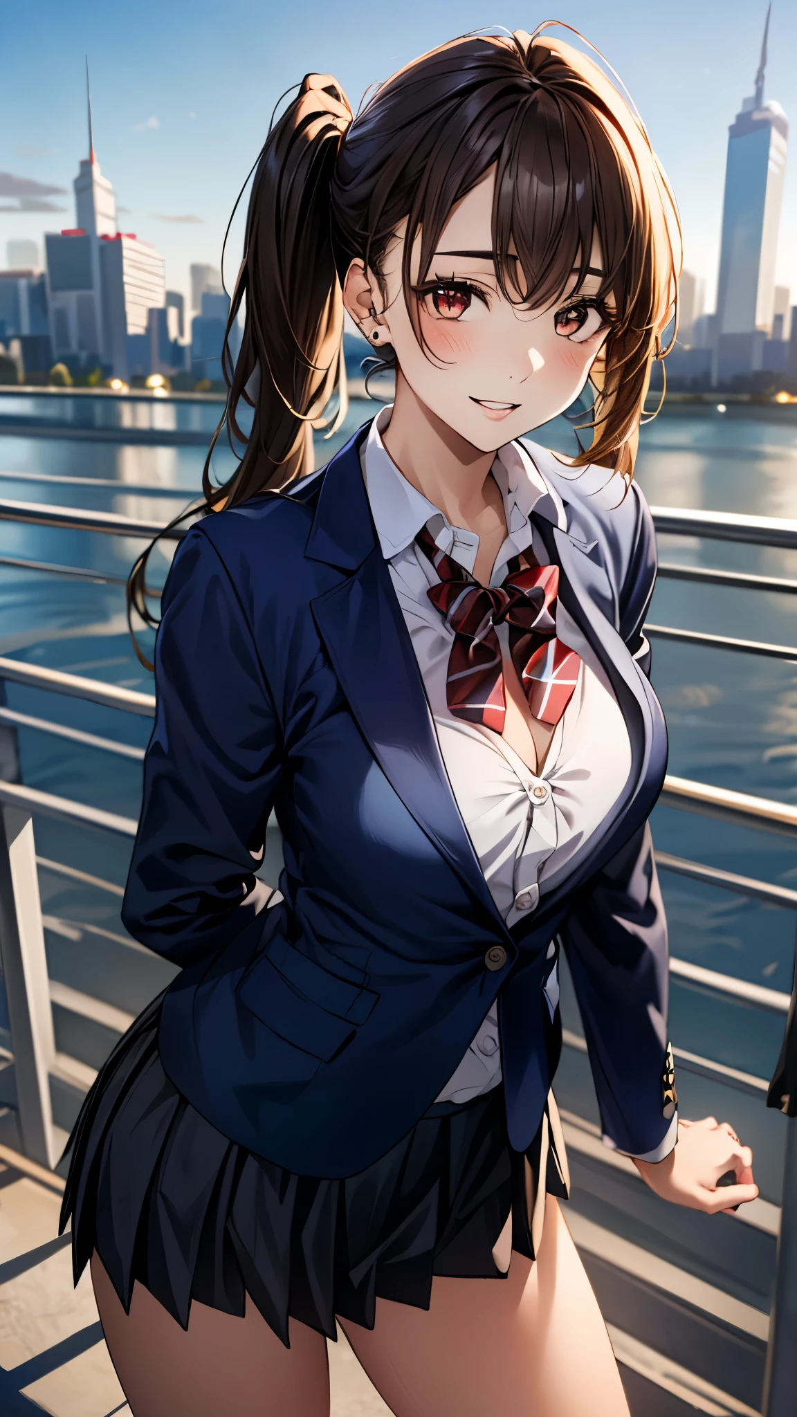 (masterpiece:1.3, top-quality, ultra high res, ultra detailed), (realistic, photorealistic:1.4), beautiful illustration, perfect lighting, colorful, depth of fields,
beautiful detailed hair, beautiful detailed face, beautiful detailed eyes, beautiful clavicle, beautiful body, beautiful chest, beautiful thigh, beautiful legs, beautiful fingers,
looking at viewer, front view:0.6, 1 girl, japanese, high school girl, perfect face, (perfect anatomy, anatomically correct), cute and symmetrical face, babyface, , shiny skin,
(long hair:1.5, twintails:1.5, rosy brown hair), asymmetrical bangs, brown eyes, long eye lasher, (medium breasts), slender,
((navy blazer, collared white shirt, navt pleated skirt)), dark red bow tie, piercing,
(beautiful scenery), evening, (city, cityscape in the distance), standing, (hand on chest), (happy smile, parted lips),