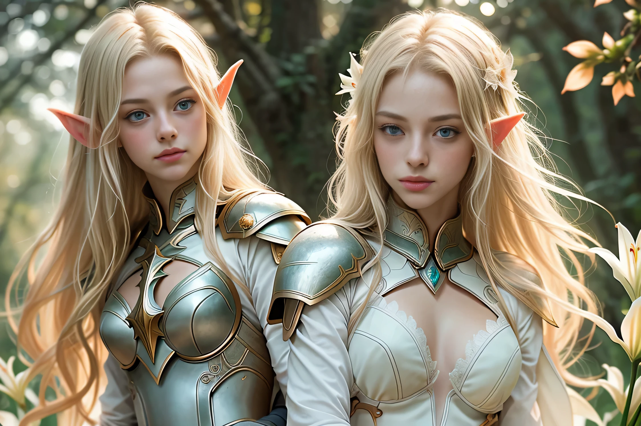 Masterpiece, a beautiful female elf knight (Lily Larimar 1.0), bright eyes, blonde hair, broad shoulders, strong body, high detail pale skin with light freckles, high detail filigree elf armor, outside, (skin texture:1.1), best quality, ultra high res, Raw photo, Nikon D850, backlight, rimlight, bright sunlight, film grain:1.2, (warm hue, warm tone:1.2), (color photo), fantasy landscape background