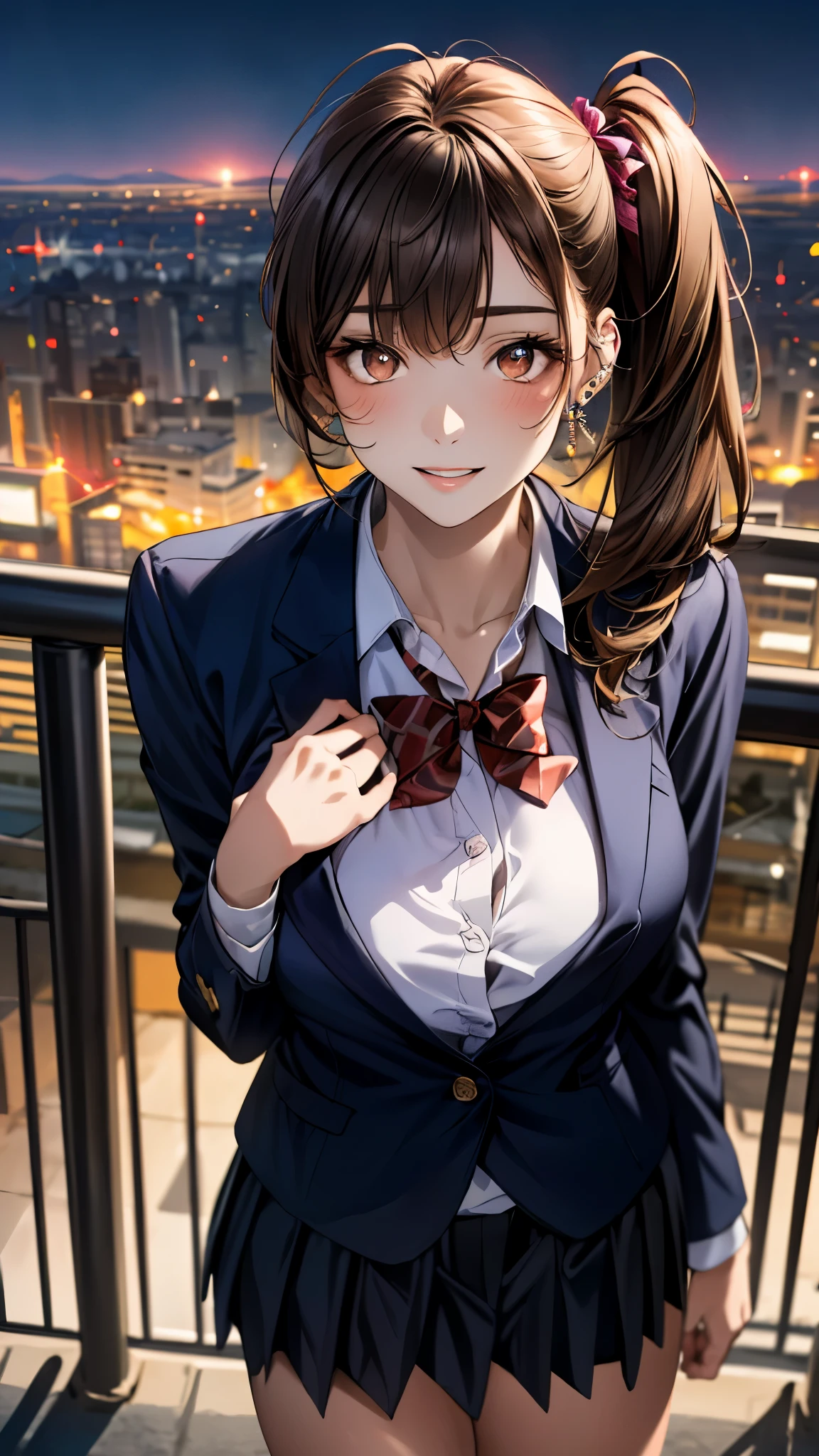 (masterpiece:1.3, top-quality, ultra high res, ultra detailed), (realistic, photorealistic:1.4), beautiful illustration, perfect lighting, colorful, depth of fields,
beautiful detailed hair, beautiful detailed face, beautiful detailed eyes, beautiful clavicle, beautiful body, beautiful chest, beautiful thigh, beautiful legs, beautiful fingers,
looking at viewer, front view:0.6, 1 girl, japanese, high school girl, perfect face, (perfect anatomy, anatomically correct), cute and symmetrical face, face, , shiny skin,
(long hair:1.5, twintails:1.5, rosy brown hair), asymmetrical bangs, brown eyes, long eye lasher, (medium breasts), slender,
((navy blazer, collared white shirt, navt pleated skirt)), dark red bow tie, piercing,
(beautiful scenery), evening, (city, cityscape in the distance), standing, (hand on chest), (happy smile, parted lips),