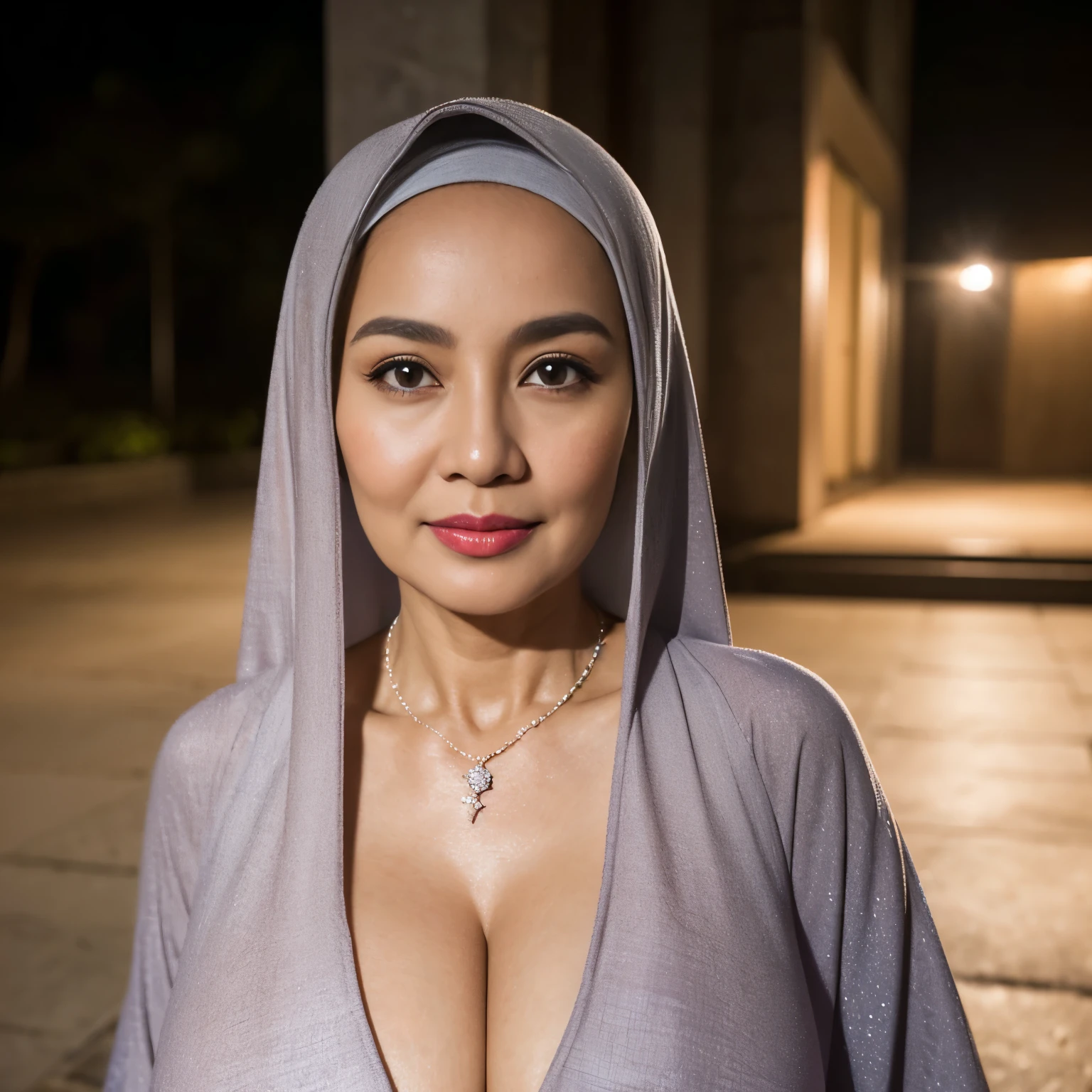 56 Years old, Indonesian mature woman, wearing Wide Hijab, perfect , (natural Gigantic breast : 1.5), gorgeous eyes, Soft smile, wear a Gamis, Tight Gamis, Diamond Necklace, (Breast about to burst Out), Nightime walk, Excellent Soft light, ((Light Lipstick)).