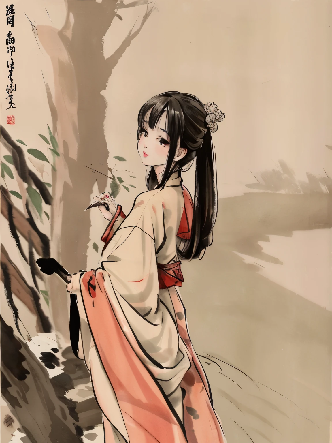 (Masterpiece, best quality: 1.2), traditional Chinese ink painting, 1 woman, standing, looking back, hanfu, willow branch, (smiling), looking at the viewer,