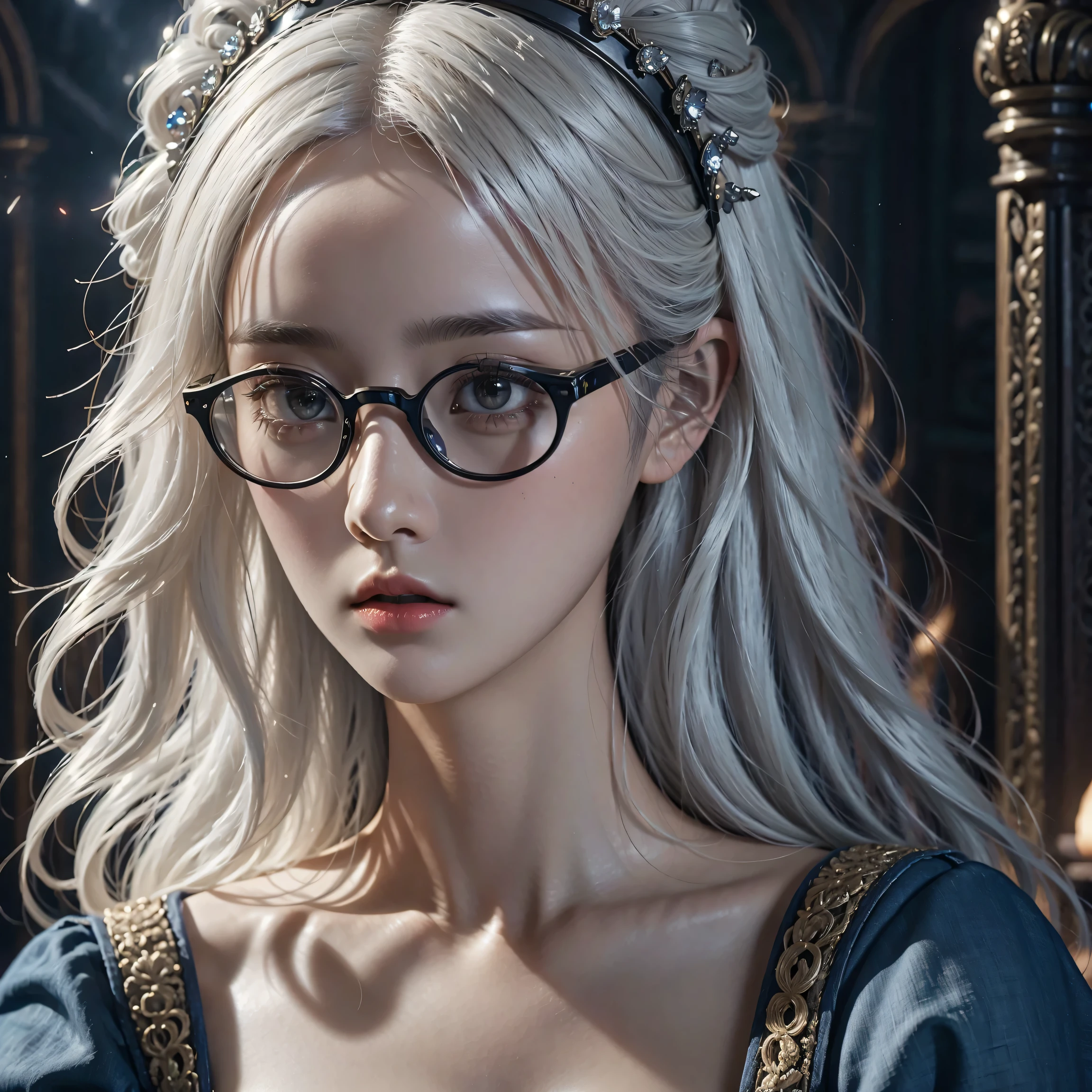 (in the darkness: 1.6),Surrealist female portrait, fantasy art, photorealism, dynamic lighting, art station, poster, Volumetric lighting, Very detailed faces, 4K, won,, 1 girl, in the darkness, deep shadow, low profile, Denim lens set: 1.4), long hair, white hair, broken into pieces, luxurious palace, royal style, (wear glasses),(hair accessories),
