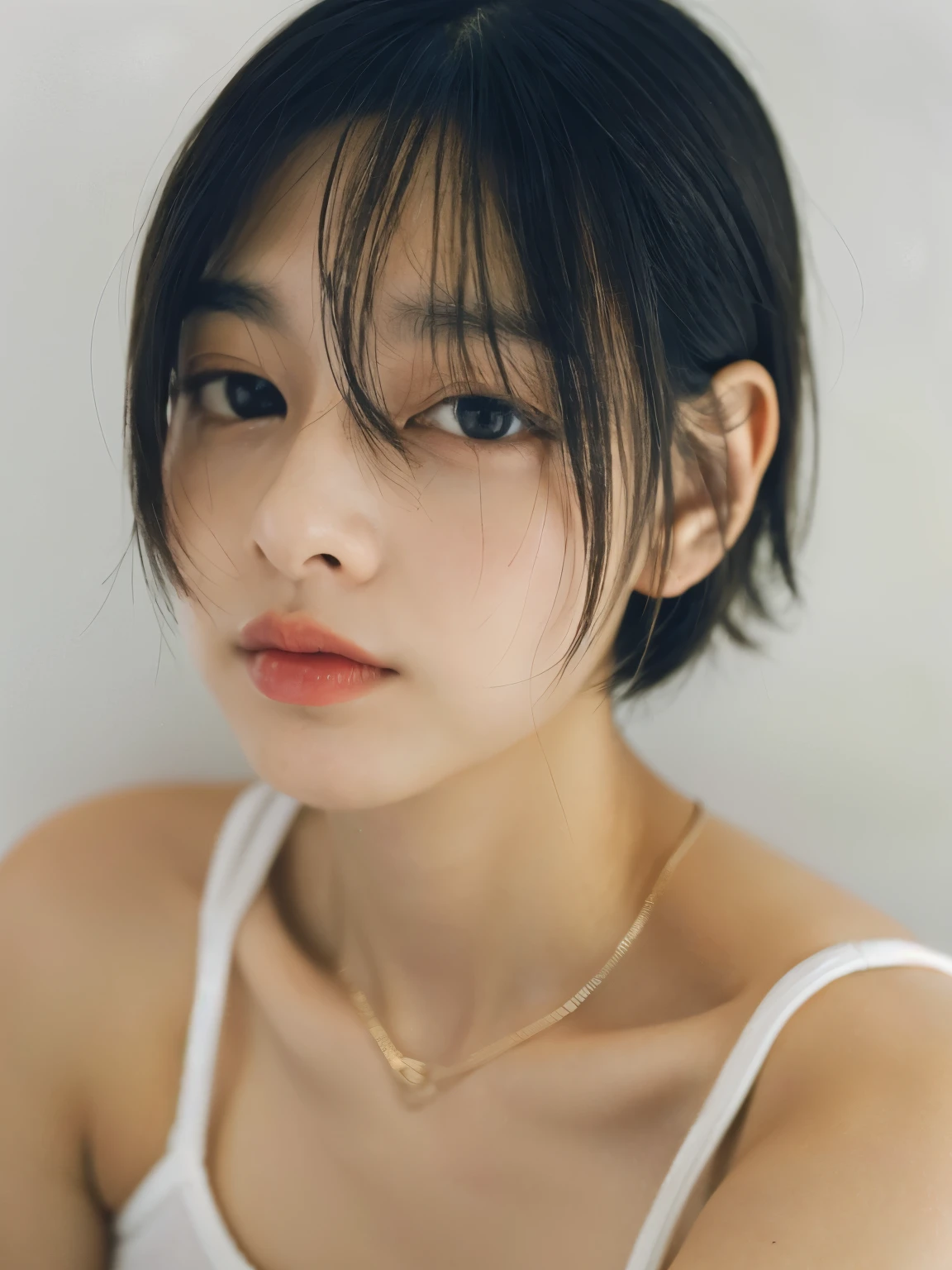 (very realistic photo, concentrated、High resolution, detailed face, fine eyes), ((Taken in front of a white wall))、japanese woman, 20-year-old, various expressions, Upper body、alone:1, slim body shape, various hairstyles, fashionable clothes, Only one person is in the photo、Photographed in natural light、simple necklace、Don'Don'don't look at the camera、bob hair、shortcut