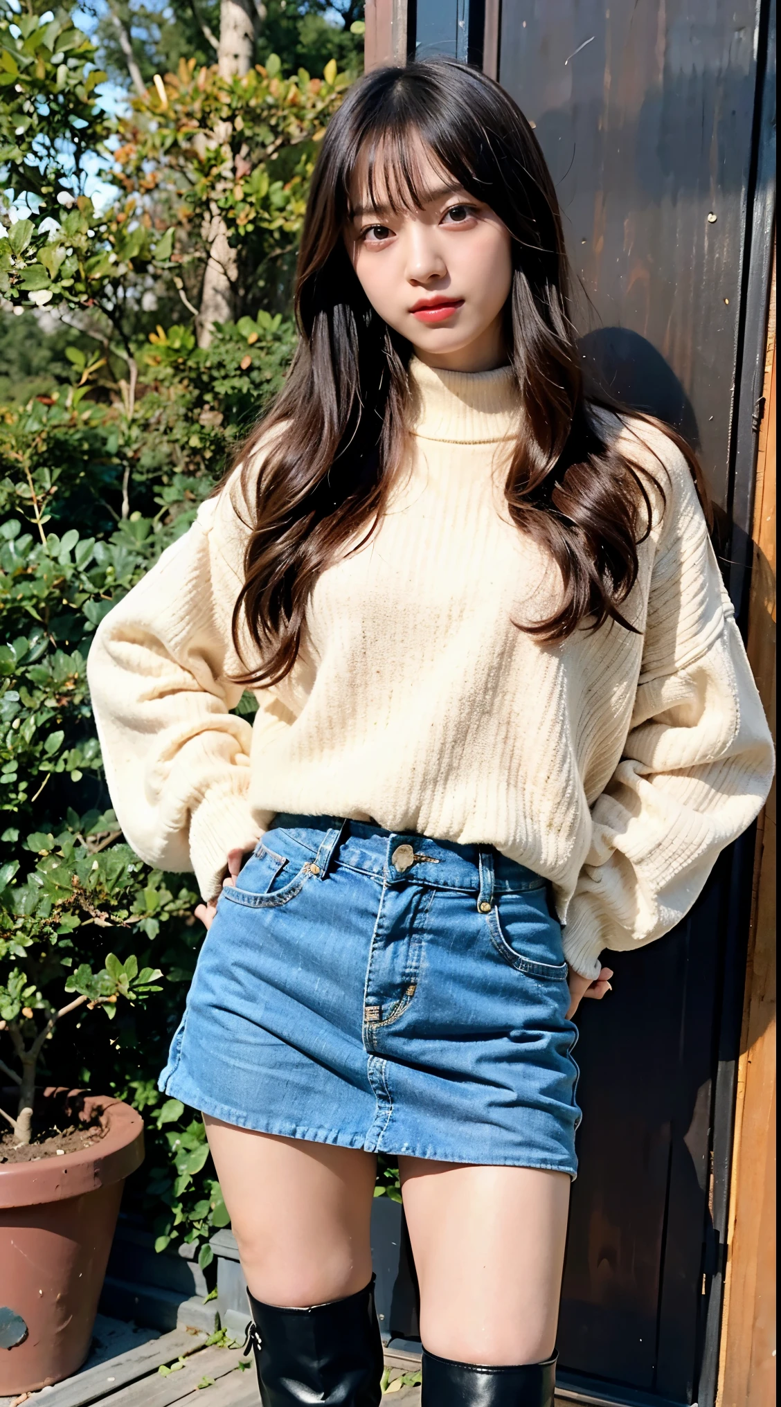 (8k、RAW photo、highest quality、masterpiece:1.2)、(realistic、Photoreal)、1 girl、((sweater、check mini skirt、boots、in the forest、standing with hands on hips、facing the front、straight hair))、lots of eyelashes、Glitter on your eyelids、skeletally correct、sweaty body、Beautifully aligned fingertips、smile、sit with legs spread、above the sky