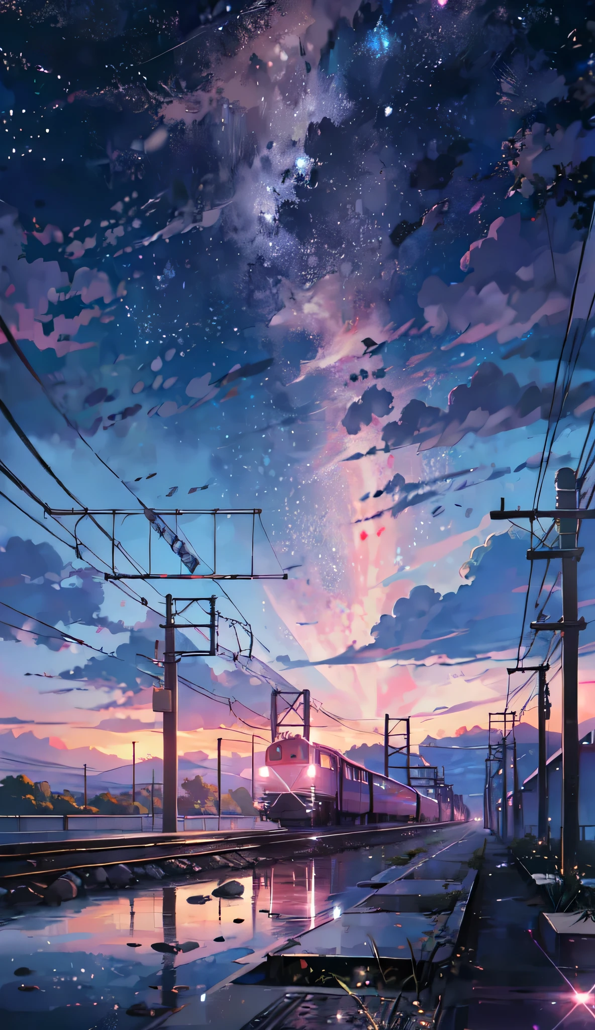 Anime train crossing track in sky background, beautiful and harmonious scene, exquisite animation, rich details (width is 672), high quality, clarity 4k, artistic 4k wallpaper, stunning anime landscape, 8k art wallpaper.