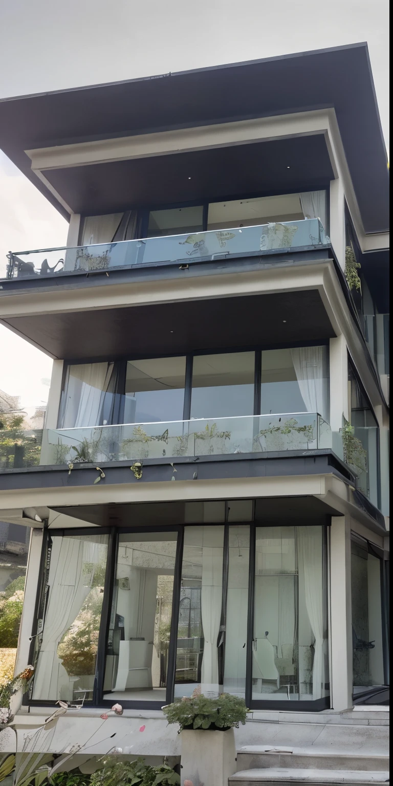 araffe view of a modern house with a large Balcon and a Balcon, plants on balcons, condo moderne et luxuriant comme vitrine, concrete Balcon, balcons, garde-corps en verre, Balcon, crenellated balcons, plein de façades en verre clair, beaucoup de grandes fenêtres, glass windows, large glass windows, beaucoup de détails en verre
