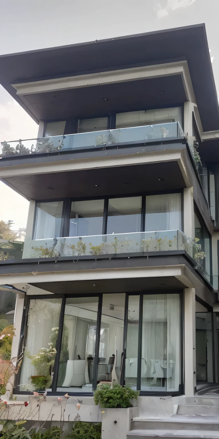 vue araffe d'une maison moderne avec un grand balcon et un balcon, plants on Balcons, condo moderne et luxuriant comme vitrine, Concrete balcony, Balcons, garde-corps en verre, Balcon, crenellated Balcons, plein de façades en verre clair, beaucoup de grandes fenêtres, glass windows, large glass windows, beaucoup de détails en verre