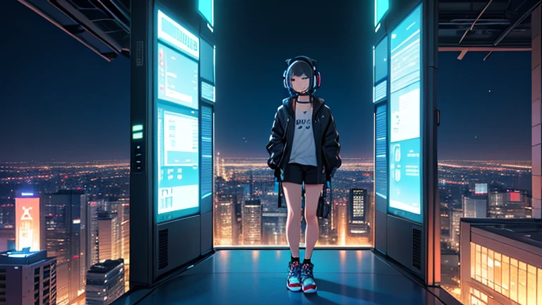 Lo-fi animation in the style of city pop, a room on a high floor with full-length windows that evoke the lifestyle of the future in the year 2200. A night view of the big city. Twinkling lights. The room has many LED lights. A girl with dark, long-limbed, medium-length hair wearing glowing blue headphones is leaning against a wall. Long, thin legs. She is facing sideways. The headphones are glowing. She is wearing all black high-brand clothing. She is wearing a white shiny bracelet. She wears a black thin shiny neck choker. She is wearing Balenciaga sneakers.


