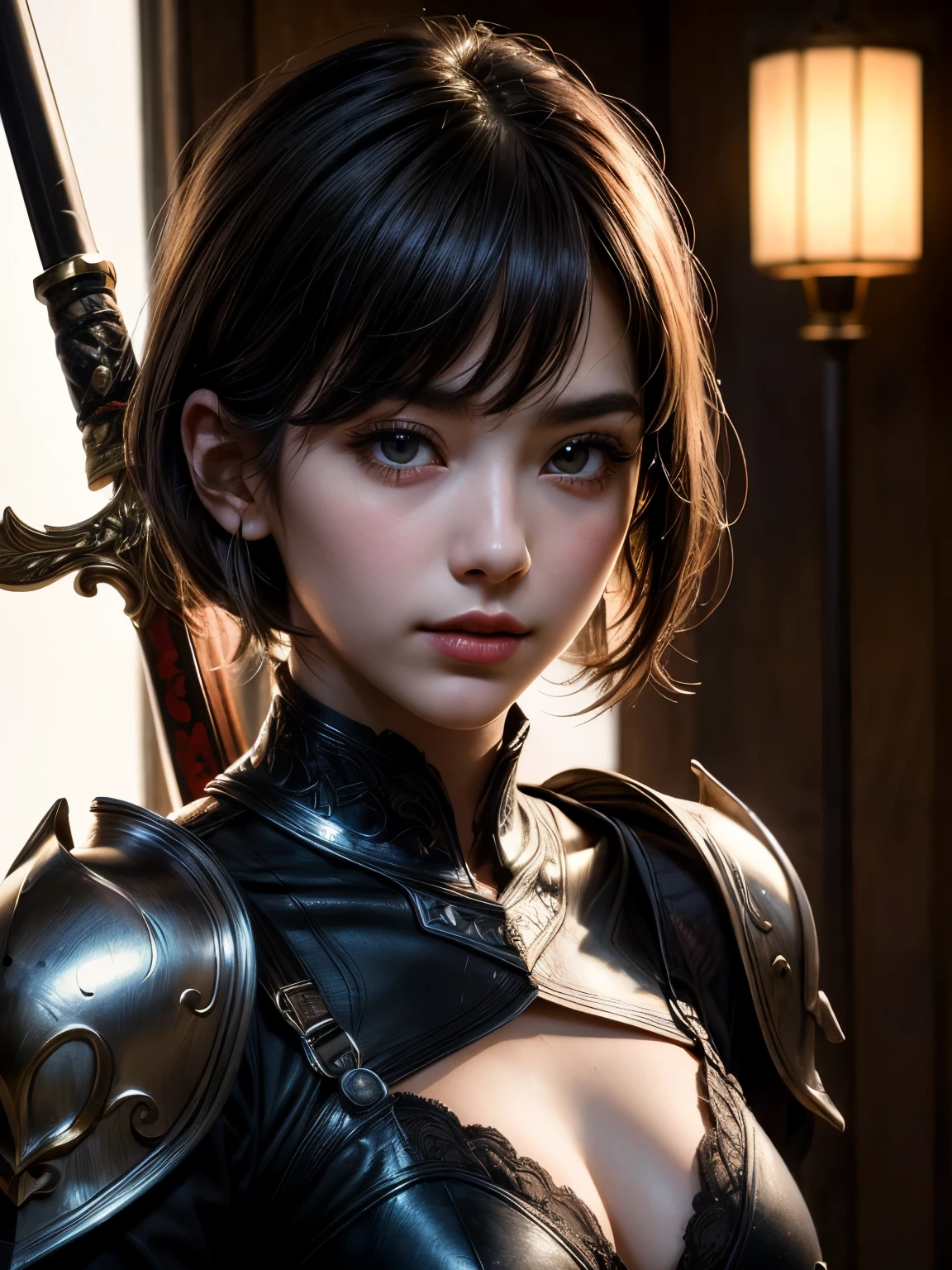 1girl,full body,red short hair,female knight,dirty armor,helmet,elbow guards,knee pads,fishnet stockings,thigh high boots,(best quality,4k,8k,highres,masterpiece:1.2),ultra-detailed,(realistic,photorealistic,photo-realistic:1.37),detailed face,beautiful detailed eyes,beautiful detailed lips,extremely detailed eyes and face,long eyelashes,dynamic pose,dramatic lighting,muted color palette,cinematic composition