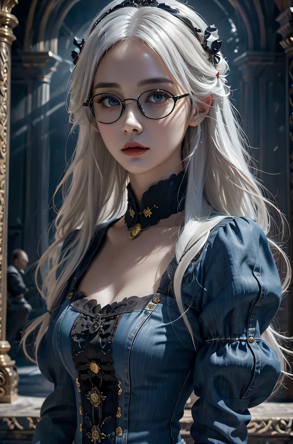(in the darkness: 1.6),Surrealist female portrait, fantasy art, photorealism, dynamic lighting, art station, poster, Volumetric lighting, Very detailed faces, 4K, won,, 1 girl, in the darkness, deep shadow, low profile, Denim lens set: 1.4), long hair, white hair, broken into pieces, luxurious palace, royal style, (wear glasses),(hair accessories),
