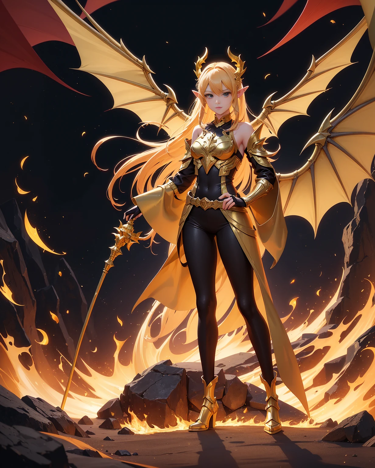 ((Full body photo,standing, feet on the ground))  elf, golden firey armor and helm, dark gold dragon wings, golden spiked dragon tail, standing in an inferno, Masterpiece, Best Quality