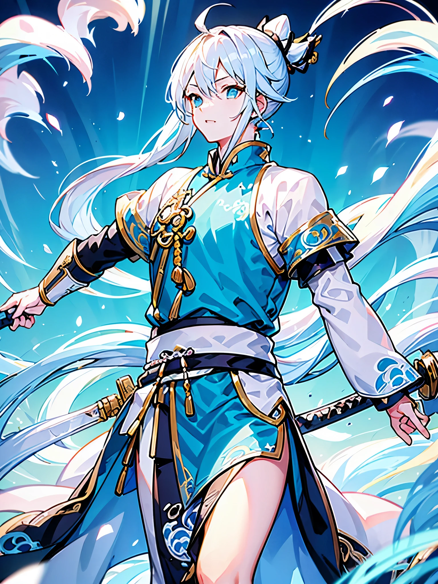 10th generation male、light blue hair、The ends of the hair are flying、Ahoge、small low ponytail、blue eyes、He holds a big, thick sword like a fantasy one.、Wearing china clothes、battlefield in the background