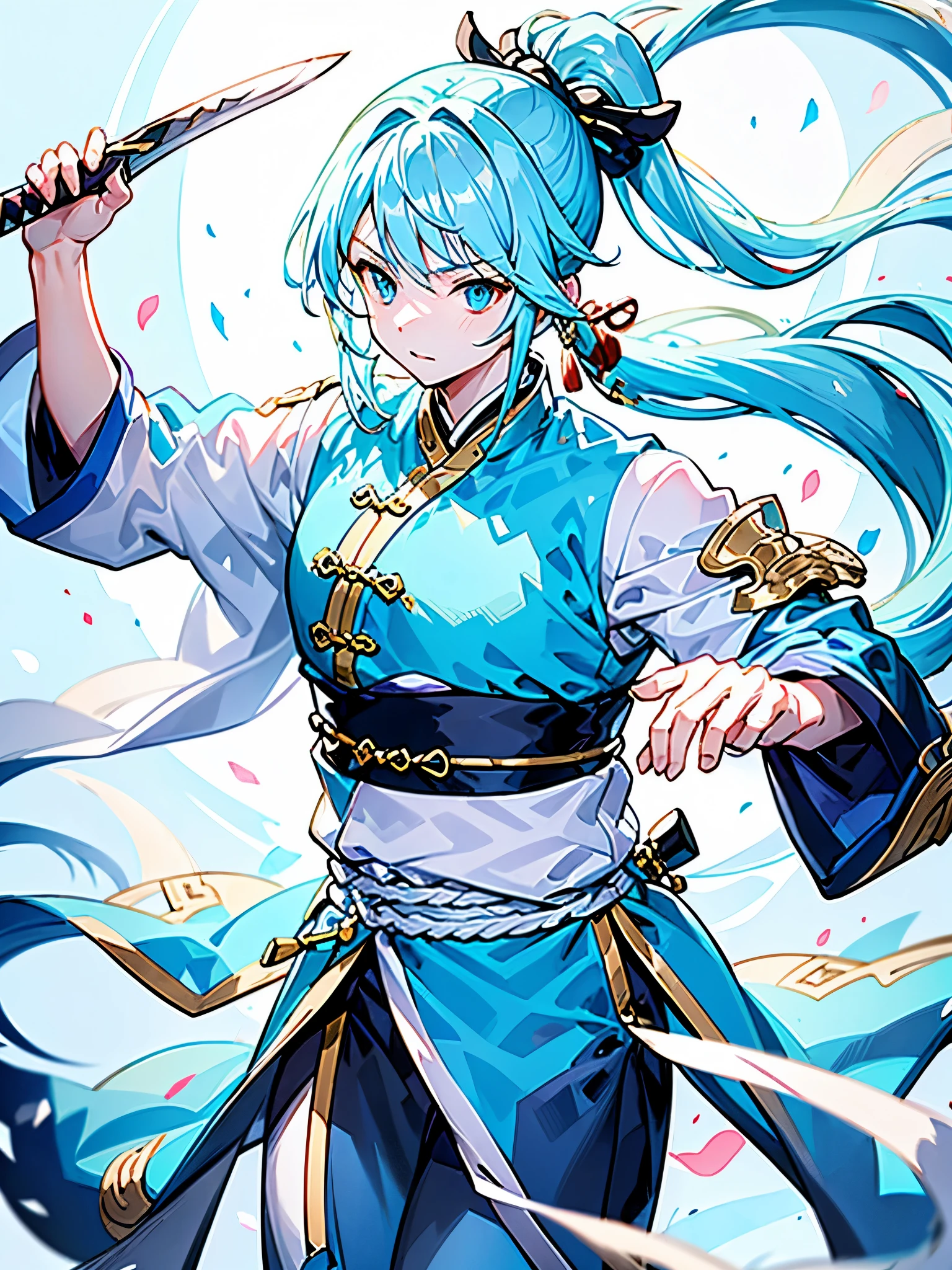 10th generation male、light blue hair、The ends of the hair are flying、Ahoge、small low ponytail、blue eyes、He holds a big, thick sword like a fantasy one.、Wearing china clothes、battlefield in the background