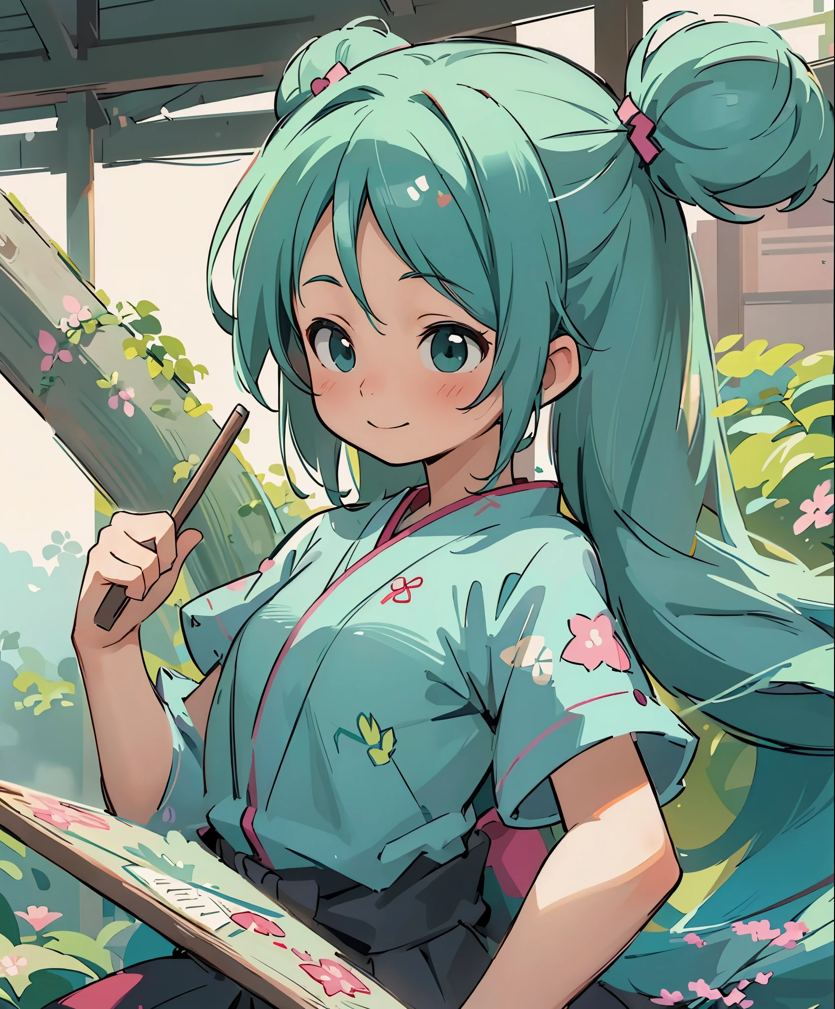 (masterpiece、highest quality、highest quality、official art、beautiful beautiful:1.2)、(1 girl:1.3)Hatsune Miku、twin tails,big breastasterpiece), (highest quality), ultra high resolution, sharp focus, ((1 female, alone)), Upper body, Hatsune Miku,beat the Japanese drum,Similarly,Sarashi,stand in a position of honor, perfect feminine face,stage,beautiful breasts,sly smile