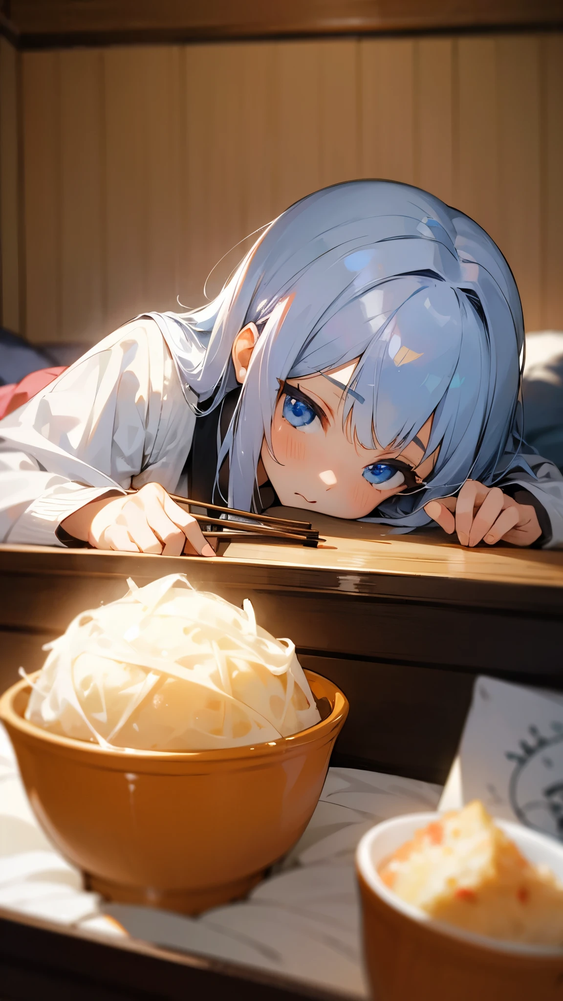 1 girl、anime painting、silver hair、blue eyes、Lying on the futon、eat katsudon、Looks delicious、Holding chopsticks in your right hand