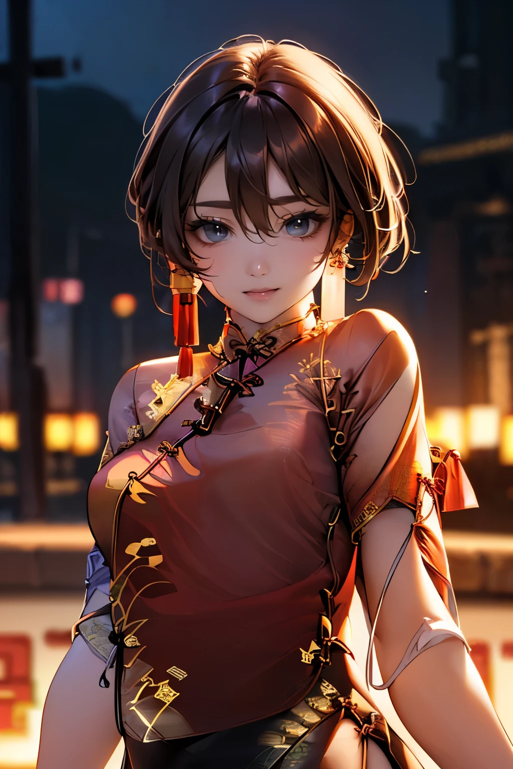 (masterpiece:1.2, highest quality), (realistic, photorealistic:1.4), beautiful illustrations, (natural side lighting, movie lighting),
looking at the viewer, face focus, Upper body, 1 female, Japanese, perfect face, perfect body, Cute symmetrical face, shiny skin, baby face, medium breasts:1.4
((medium hair:1.4, light brown hair)), hair between eyes, emerald green eyes, seductive thighs, thin,
beautiful hair, beautiful face, thin and beautiful eyes, beautiful clavicle, beautiful body, beautiful breasts, beautiful thighs, beautiful feet, beautiful fingers,
(((cheongsam blouse:1.7), black tight skirt)),
(beautiful scenery), evening, (office), Are standing, (cute smile, Upper grade),