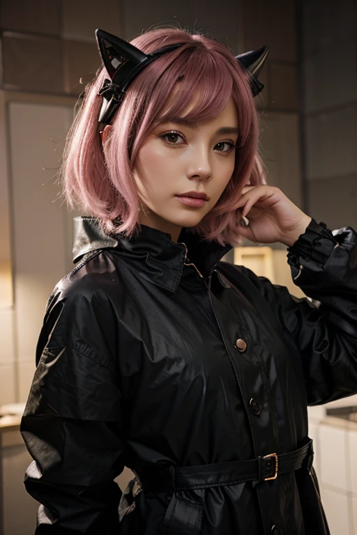  in a black raincoat with light pink, bob hair and black, small, triangular horns on the head with golden lace at the bottom in anime style