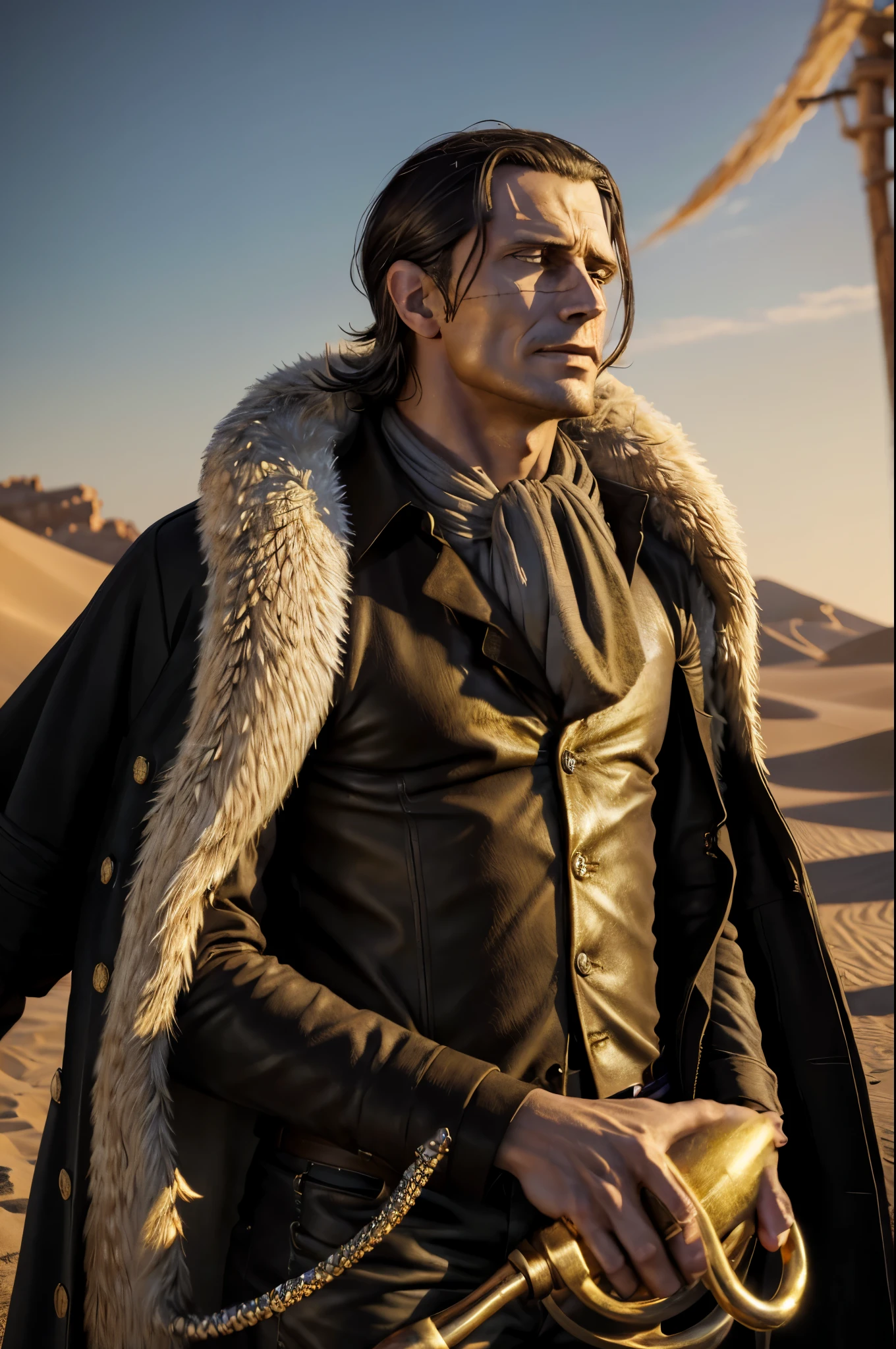 masterpiece, best quality, extremely detailed, hyperrealistic, photorealistic, a cool 40s man, ultra detailed face:1.2, fur-trimmed coat, scarf around the neck, his left hand is a golden pirate hook:1.1, desert, dynamic pose