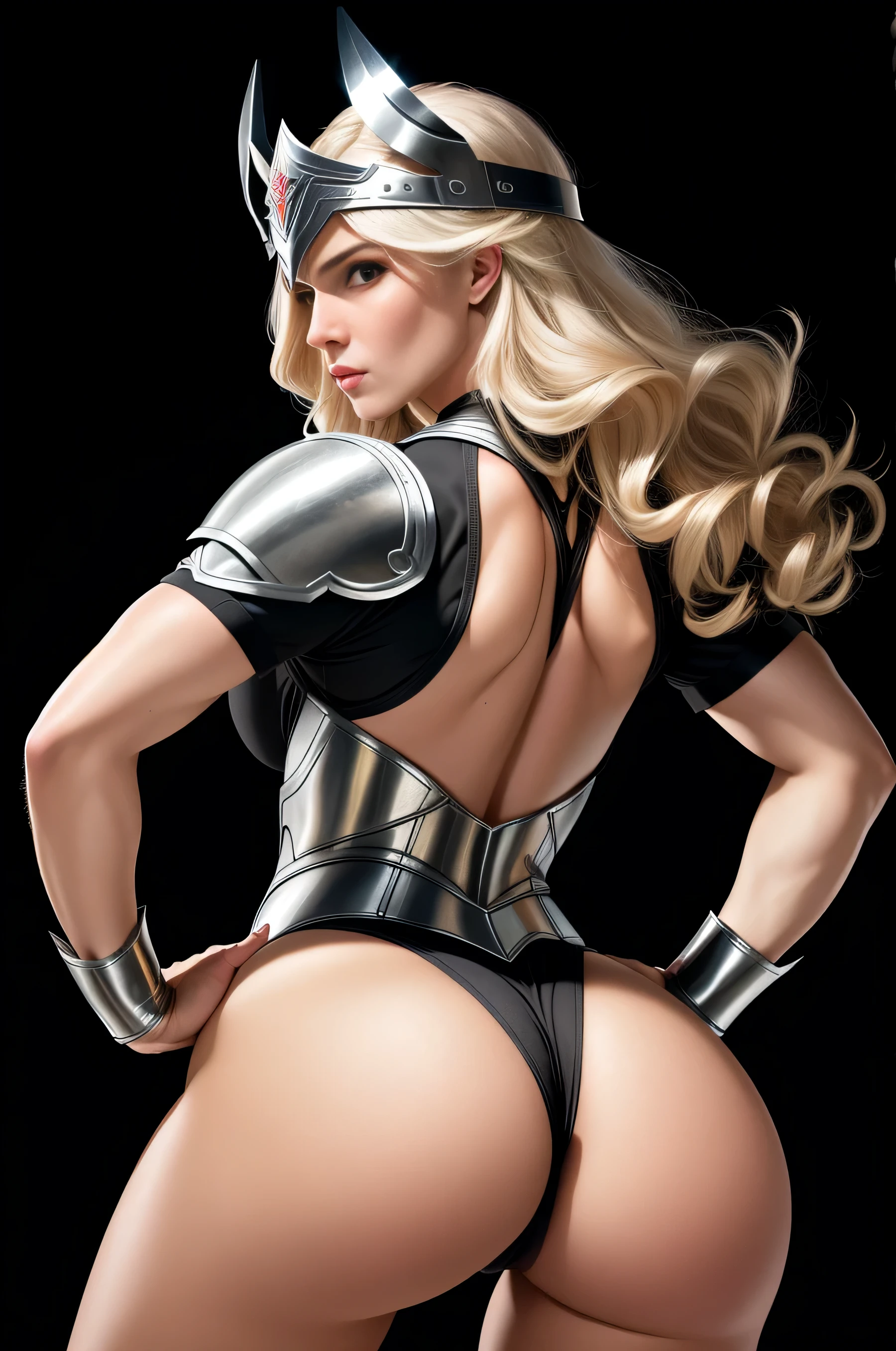 BOMBSHELL VALKYRIE, MATURE WOMAN, 30 YEARS OLD, ATHLETIC BODY, MUSCLES, HUGE LONG HAIR, BLOND HAIR, GRAY EYES, ROSY CHEEKS, VALKYRIE HELM, ANGRY FACE EXPRESSION, SILVER HELM, BLACK BODYSUIT UNDER ARMOUR, FULL BODY SILVER ARMOUR, SHINING ARMOUR, MITHOLOGY, bending over, ((back to camera:1.4)), ((nice ass:1.4)), random hair, gigantic breasts, cleavage, (high detailed skin:1.2), 8k uhd, dslr, super lighting, high quality, film grain, high res, highly detailed, hyper realistic, beautiful face, beautiful body, beautiful eyes nose lips, alluring expression, very bold, upper visible, full body photo, standing legs apart, pale translucent glowing skin, most beautiful face, cute, (well defined pubic hair:1.2)), (dark plain black background:1.4))