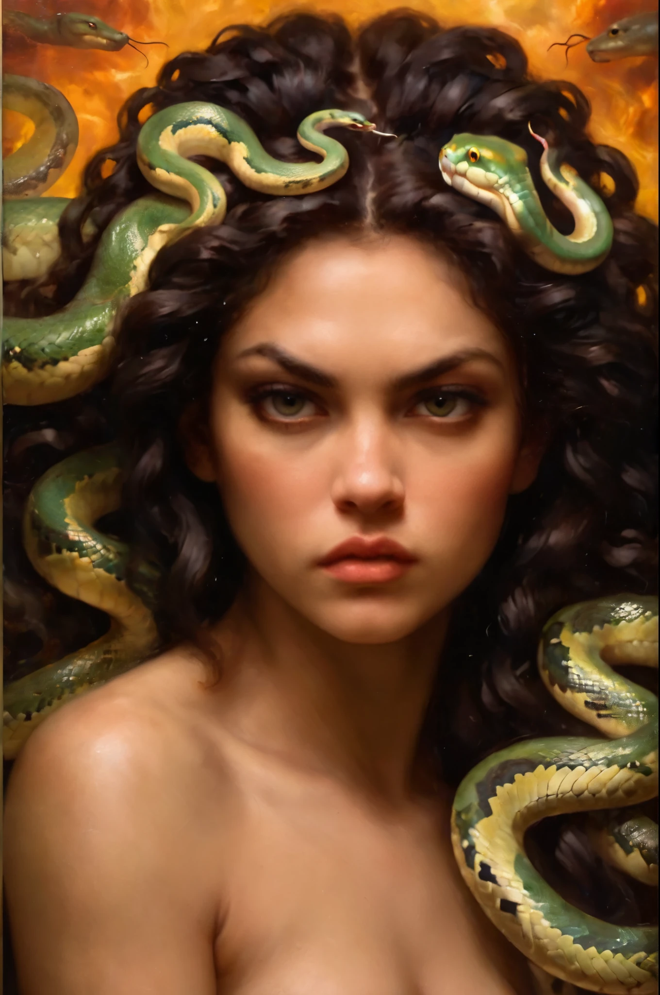 close up, fierce eyes, angry looks, most powerful goddess, most beautiful goddess, Oil Painting Portrait, masterpiece,  a scene of medusa staring at the viewer(((head hair made entirely of snakeedusas hair is entirely made of snakes))