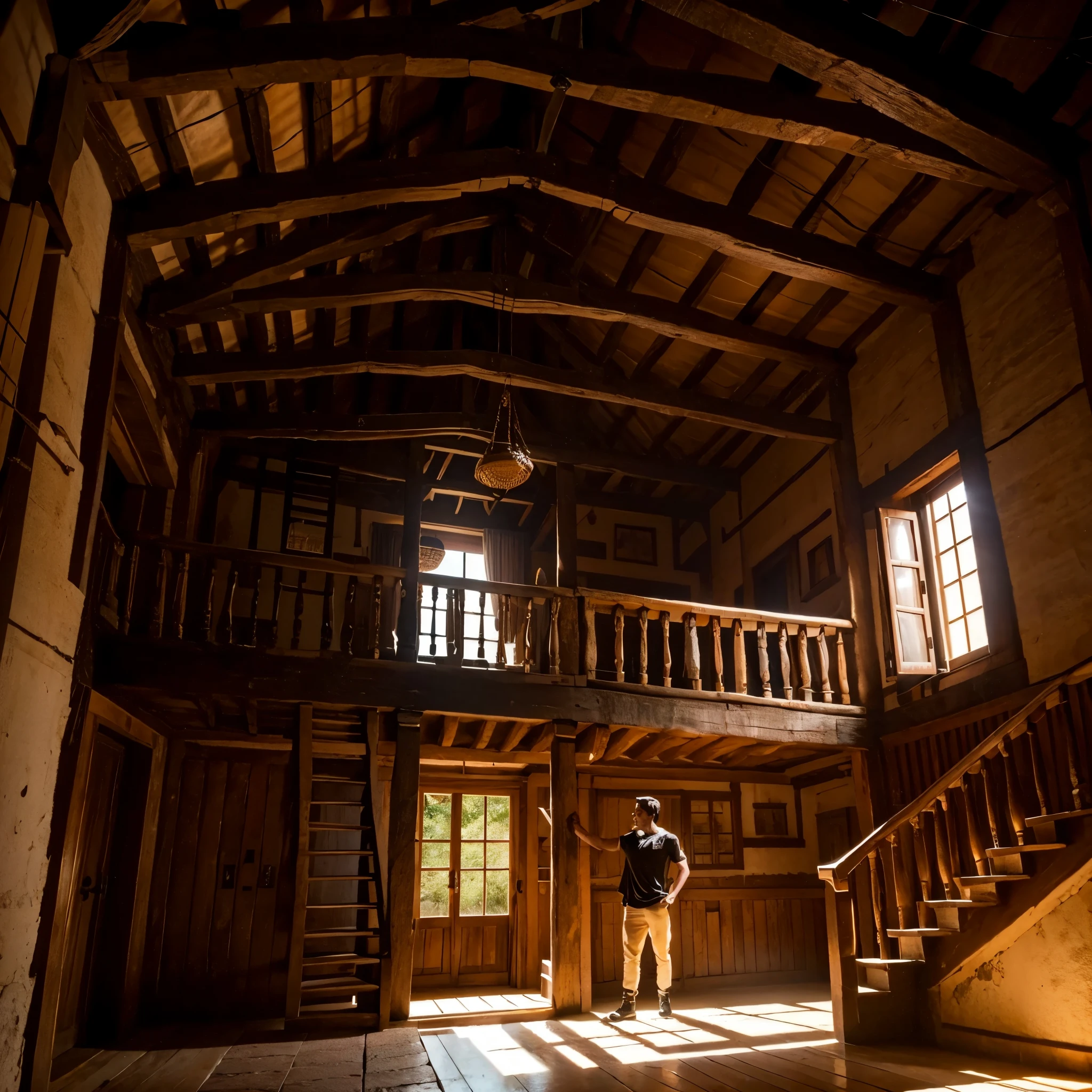 1 Man, A man in the center of the room!, BLACK T-shirt AND KHIKI PANTS!, (A large, rustic house, mansion)!, rustic, tijolo madeira, magic, magia fantasy, escadas, POV, Melhor qualidade, High definition, ultradetalhado, luz e sombra, ambient lighting, luz natural